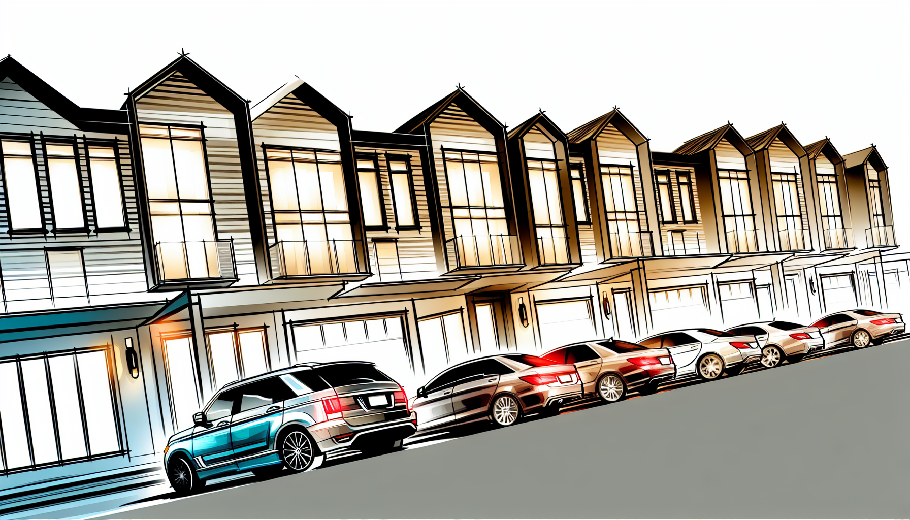 Modern townhome exteriors with luxury cars parked outside