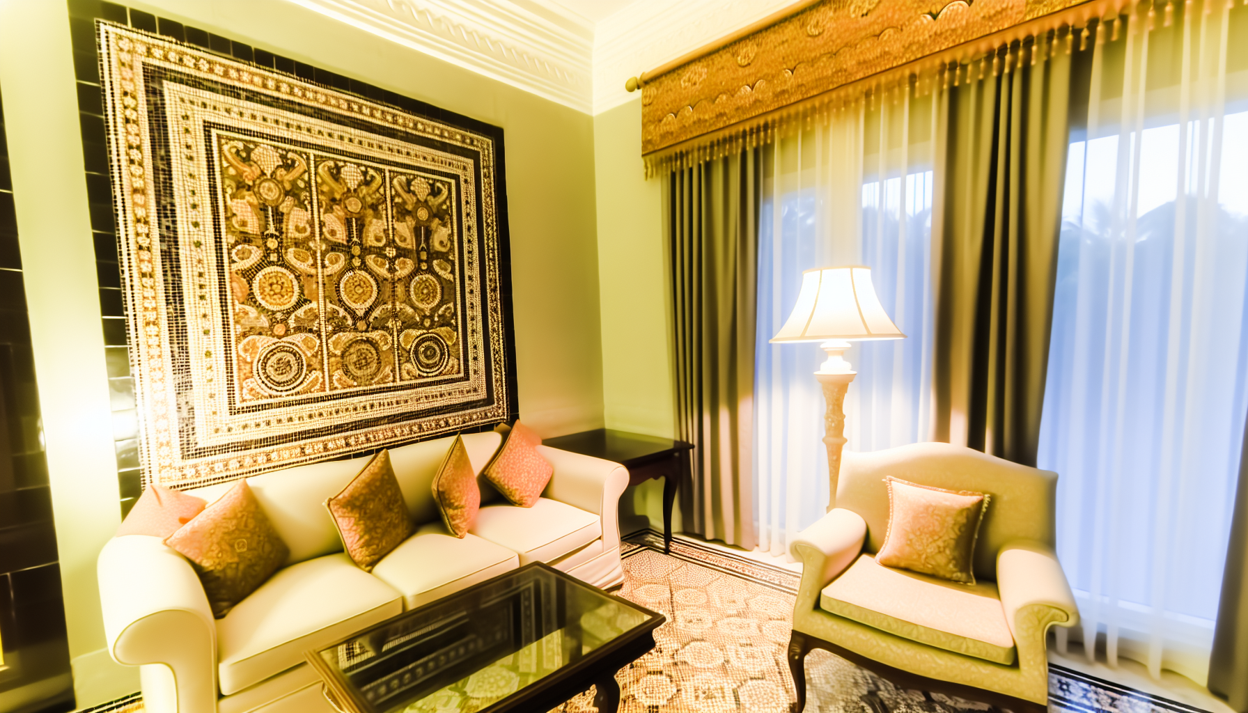 A chic and comfortable living room design by Michael S. Smith, showcasing intricate mosaic tile patterns.