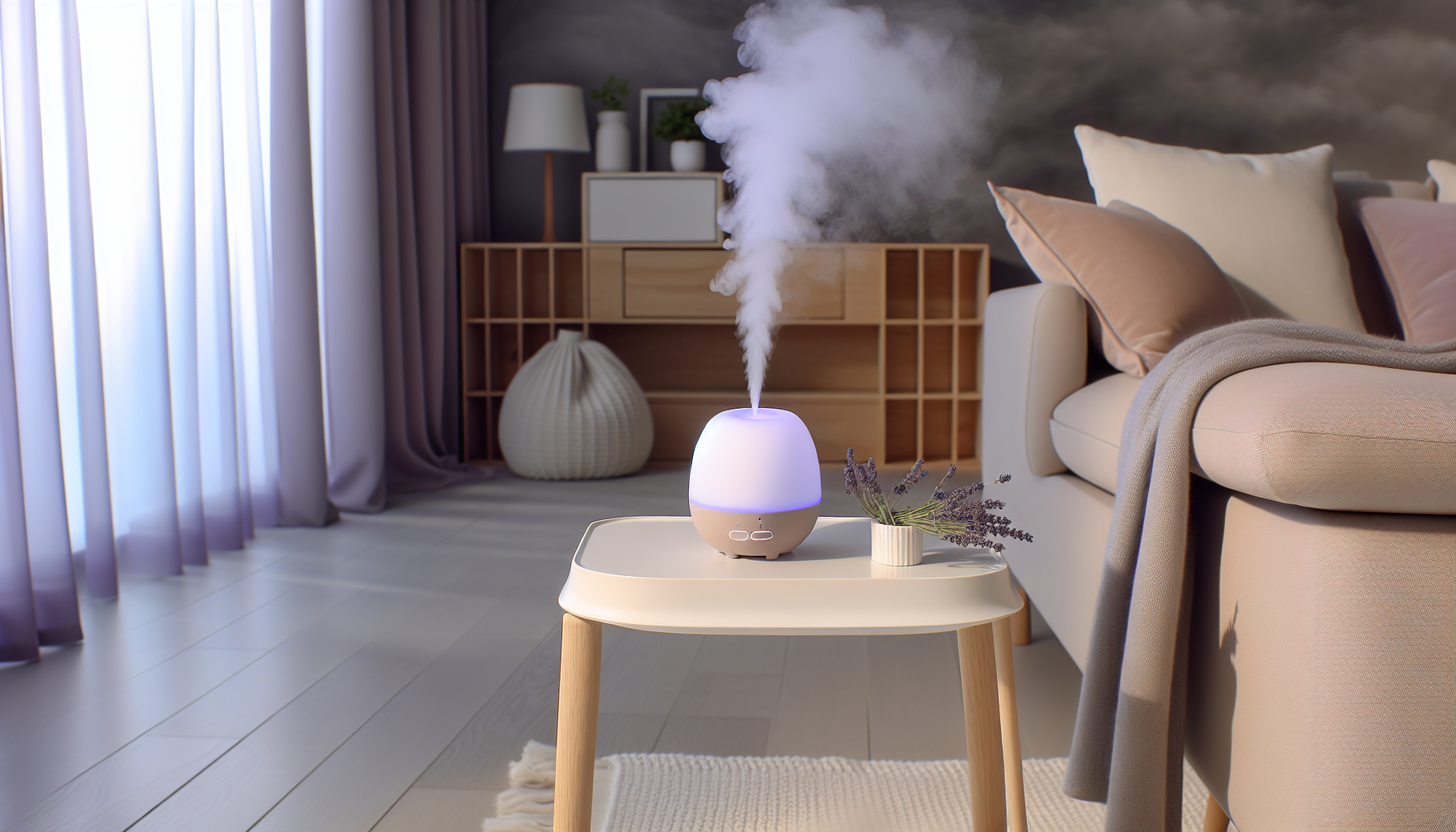 A serene home setting with a diffuser releasing lavender oil, enhancing a peaceful and stress-free environment