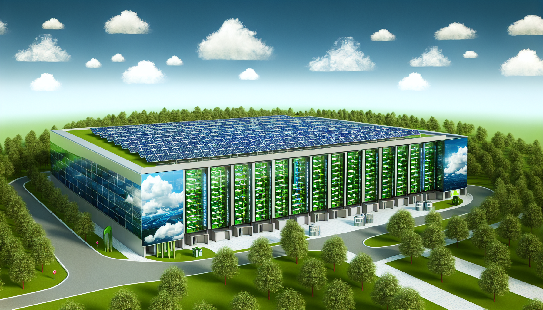 Sustainable data center with green technology solutions, such as solar panels and energy-efficient cooling