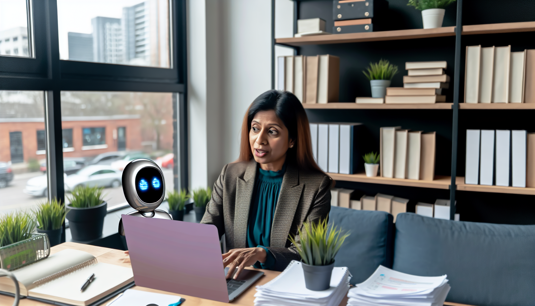 A realistic depiction of a small business owner interacting with a virtual AI assistant on a laptop in a modern office setting.