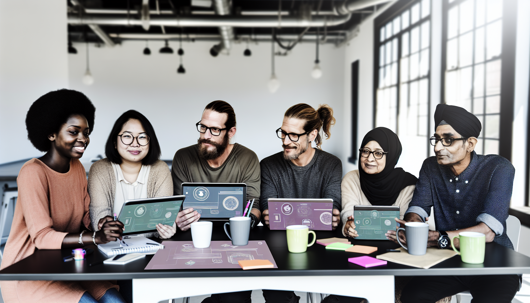 A realistic image of a small team using tablets and laptops, displaying project management software with AI features in a collaborative workspace.