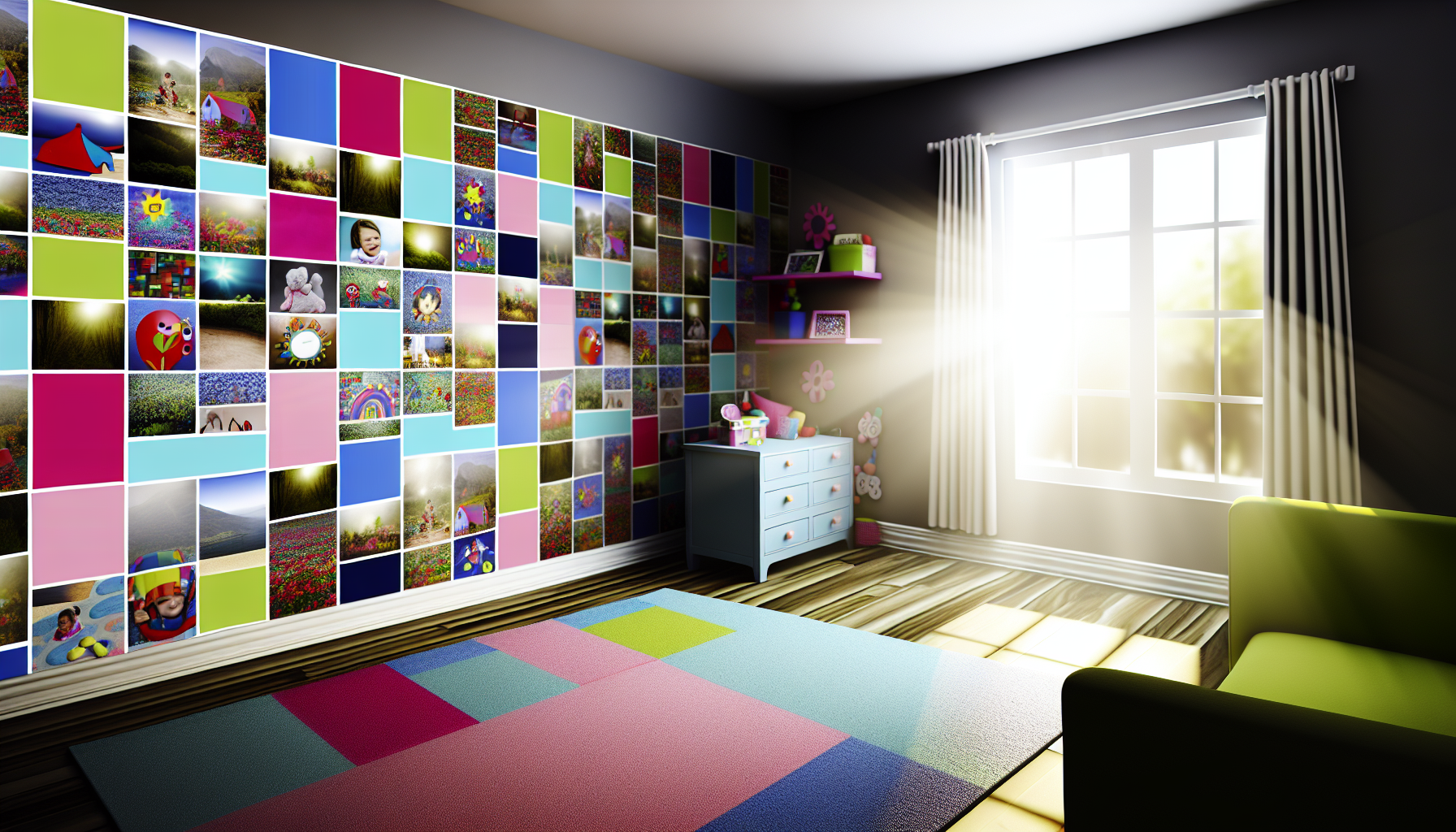 A childs room with vibrant, playful photo tiles.