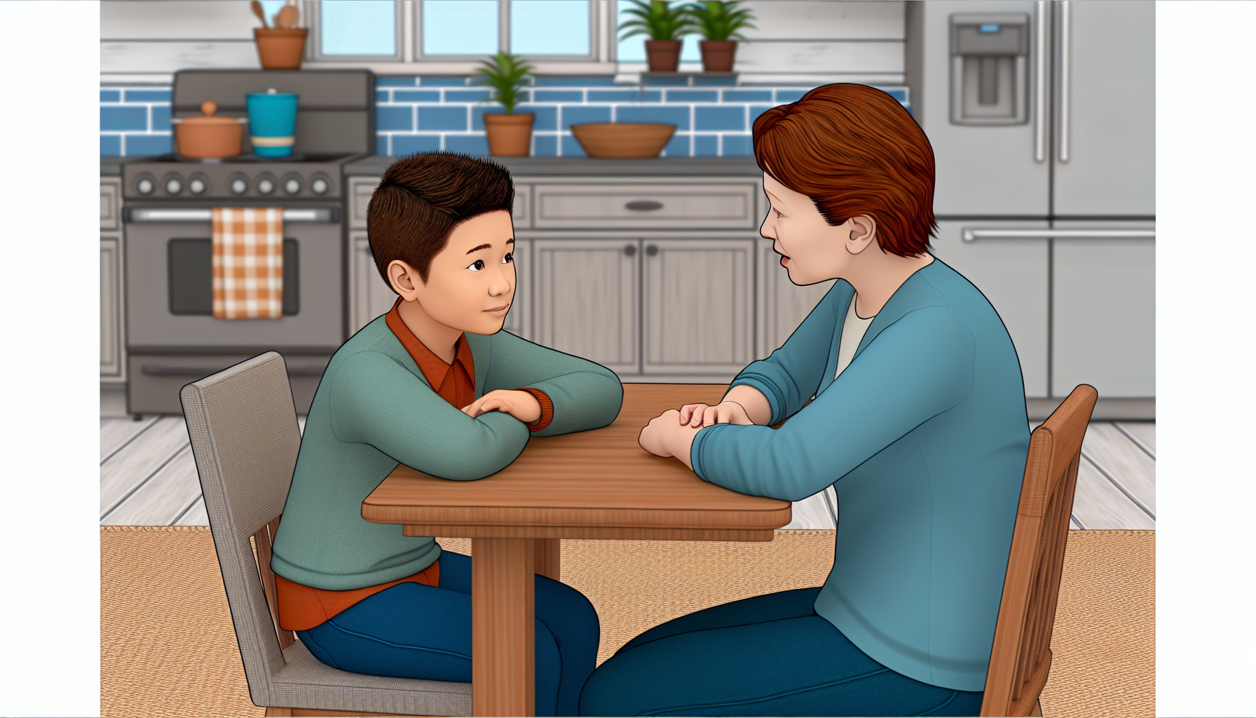 A realistic portrayal of a parent and child having a calm, supportive conversation at the kitchen table, illustrating healthy communication patterns.