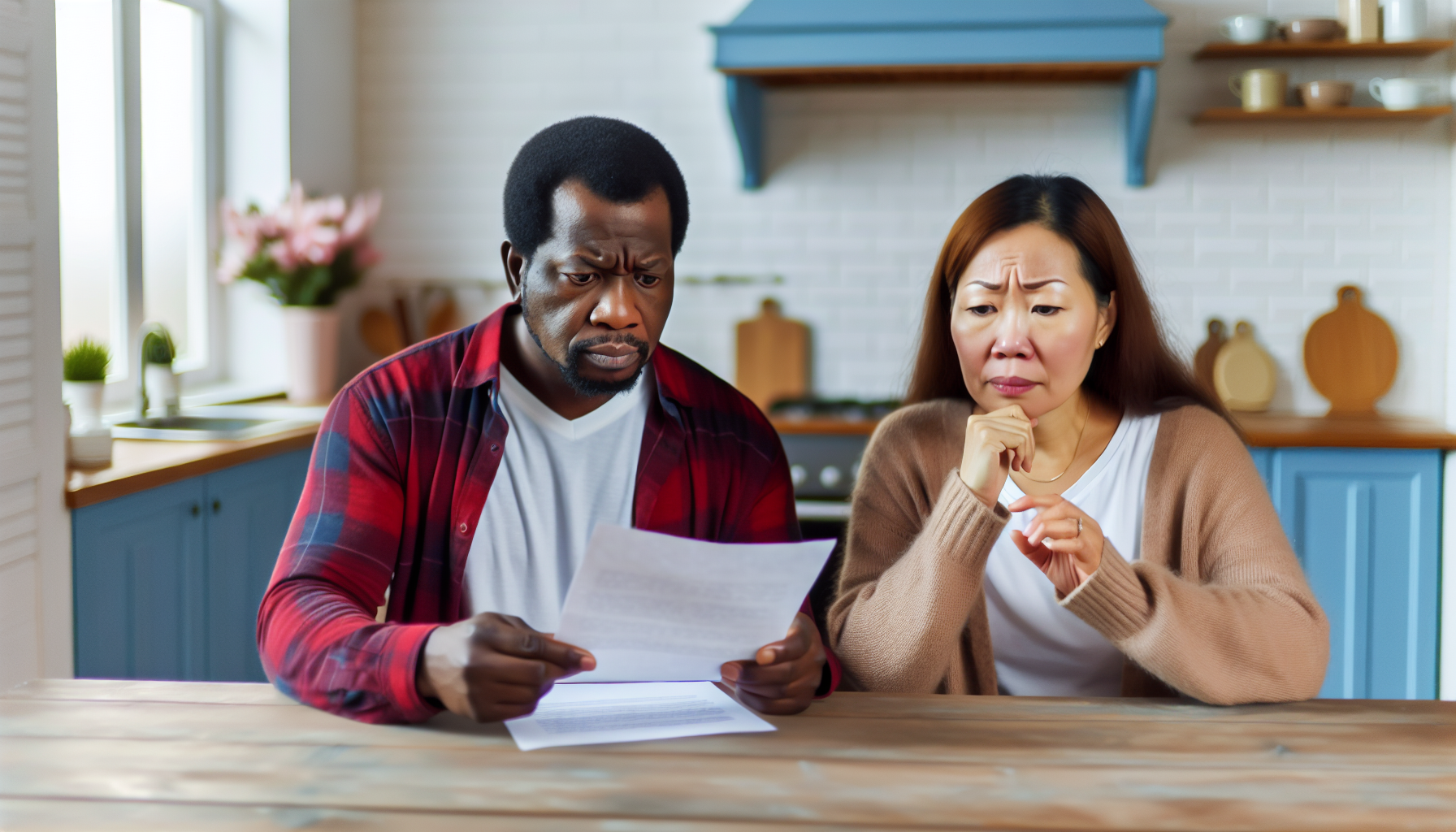 Realistic image depicting parents reading a detailed diagnosis report at a kitchen table, with visible emotions of concern and determination as they focus on understanding the contents of the document.
