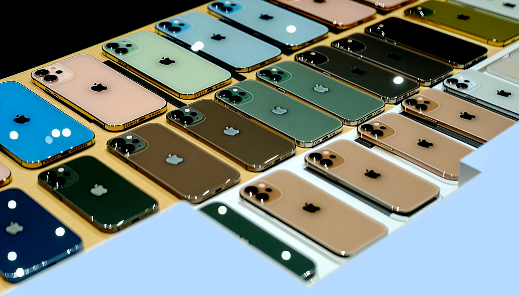 refurbished iPhones, a collection of iPhone 13 models in various colors neatly arranged, highlighting their aesthetic appeal