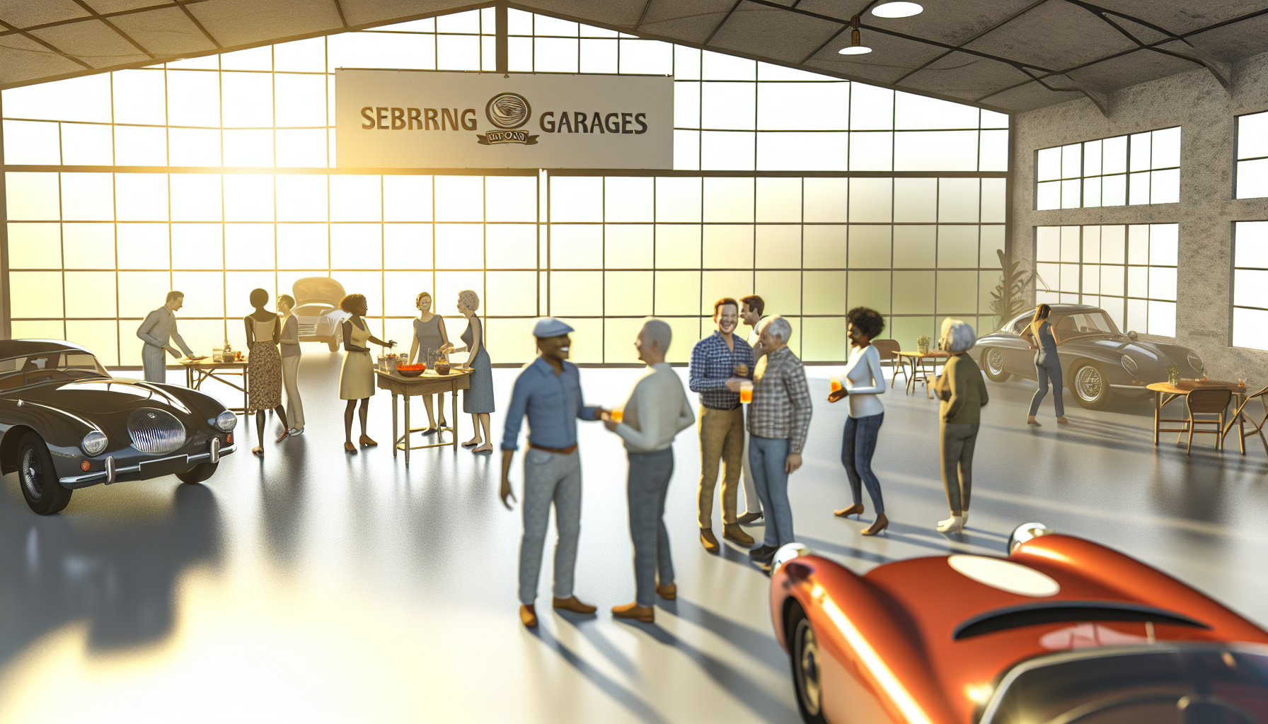 Community gathering space with residents socializing at Sebring Motor Garages