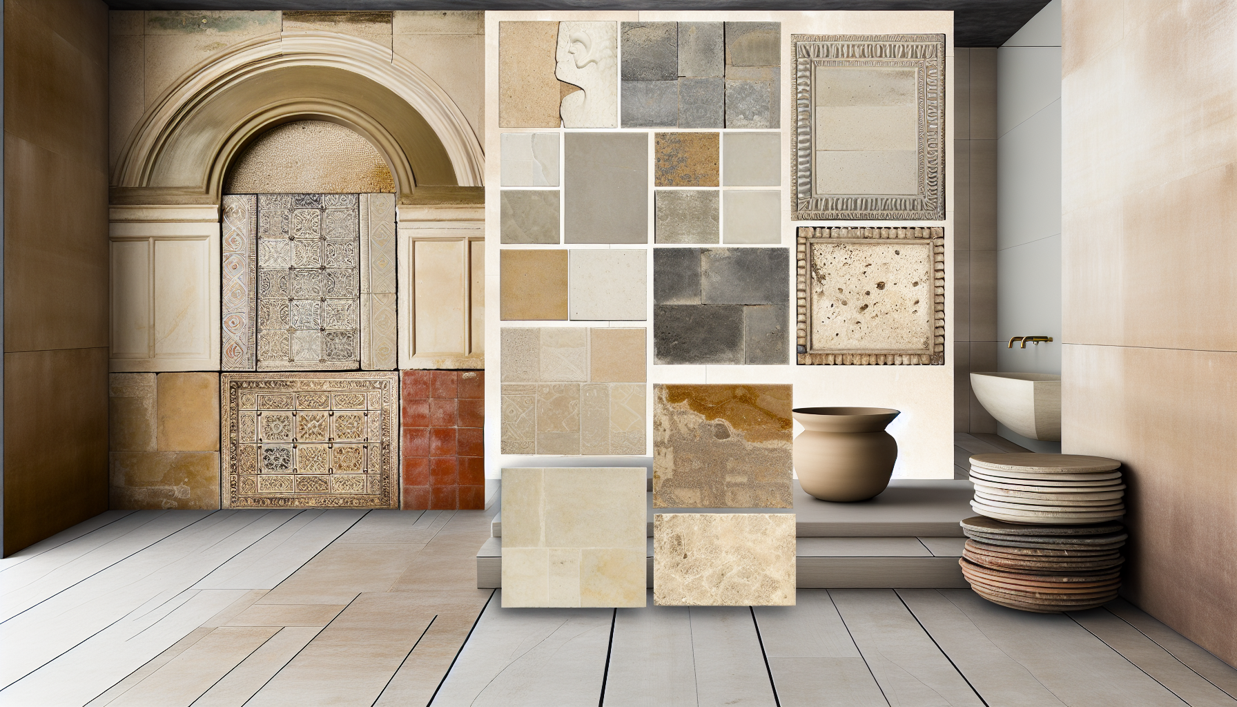An eclectic interior designed by Amber Lewis, featuring a mix of ceramic and travertine tiles.