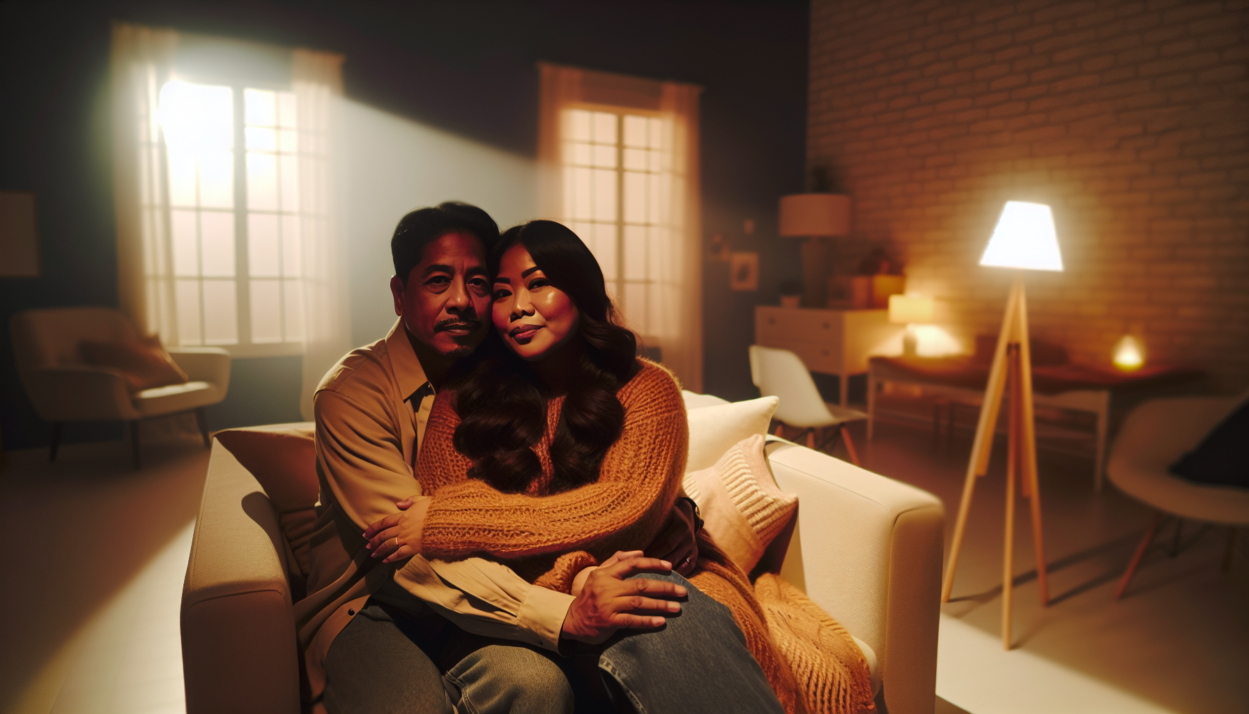 A warm embrace between a couple in a cozy living room, surrounded by soft lights.