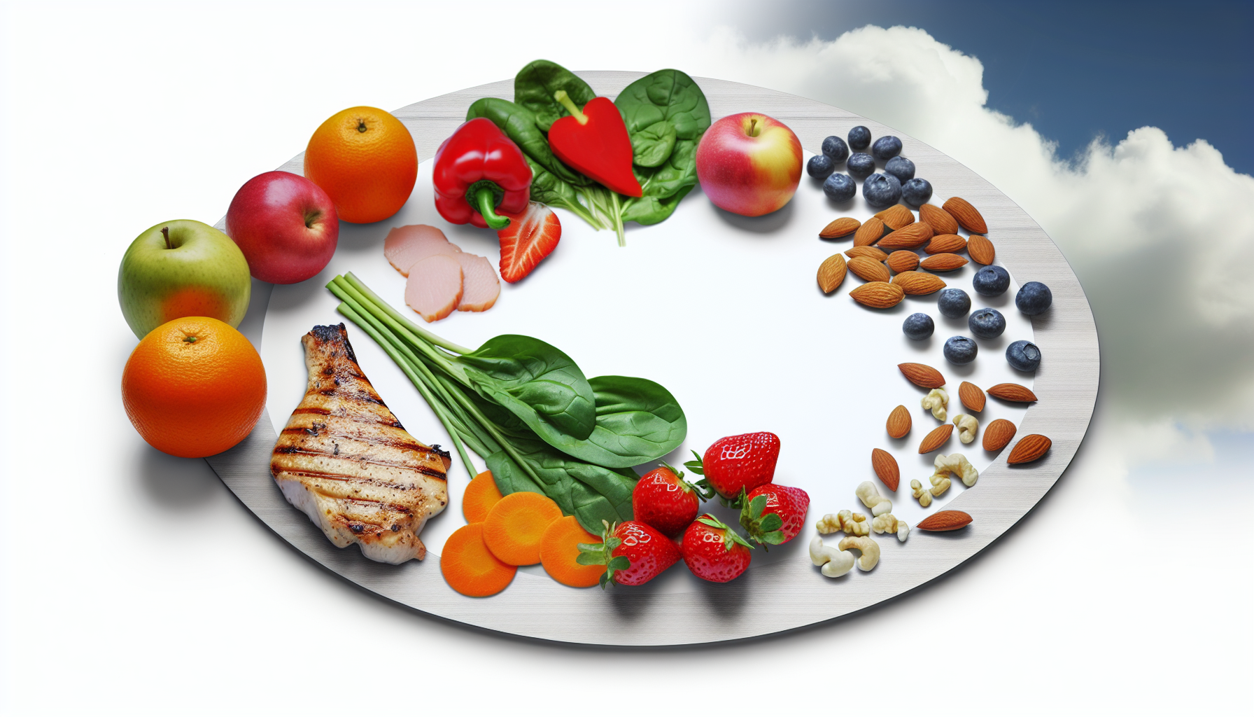 professional and realistic illustration of a balanced Paleo diet plate featuring fresh fruits, vegetables, lean meats, and nuts