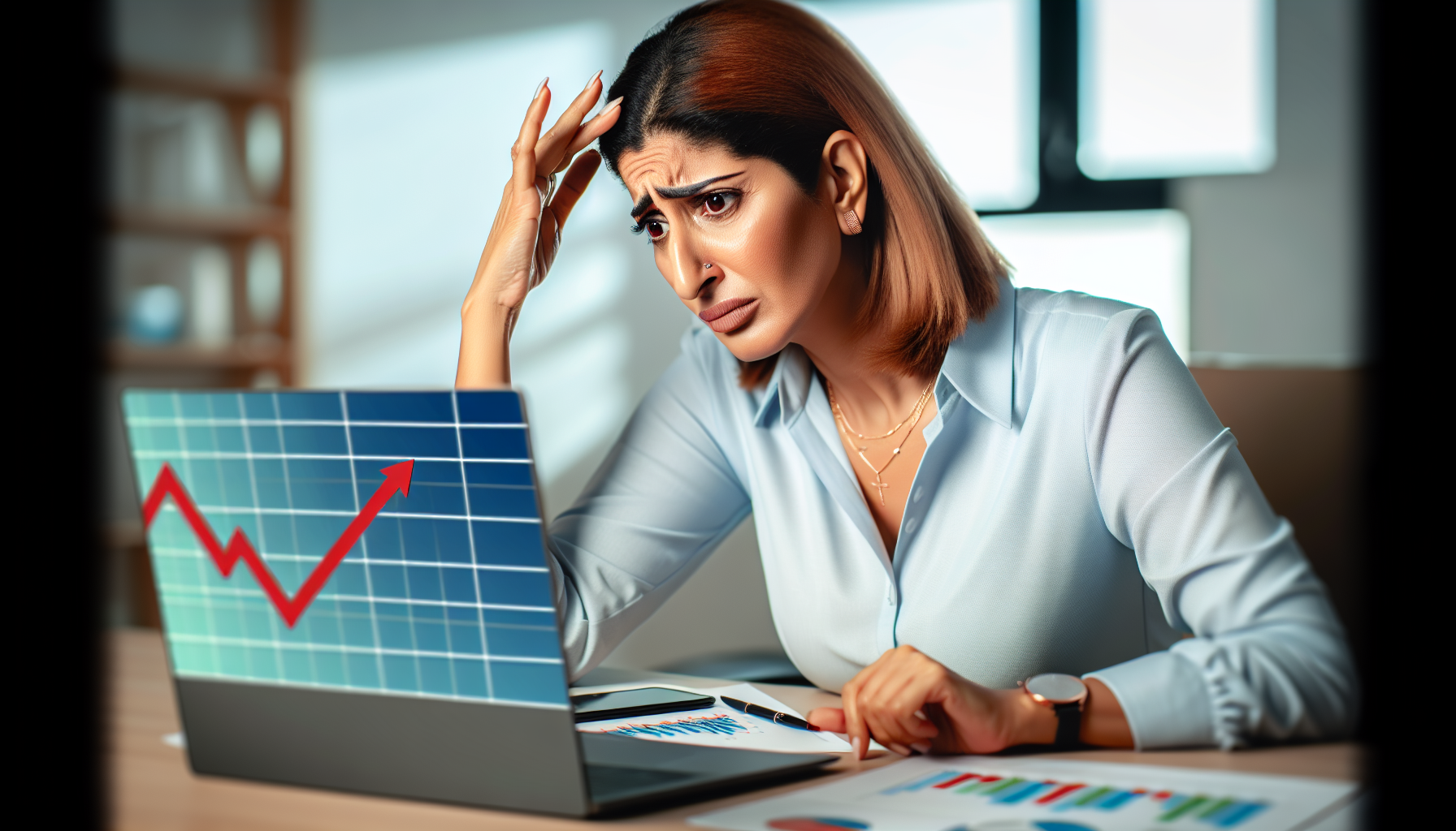 A stressed business owner looking at a declining graph on a laptop screen.