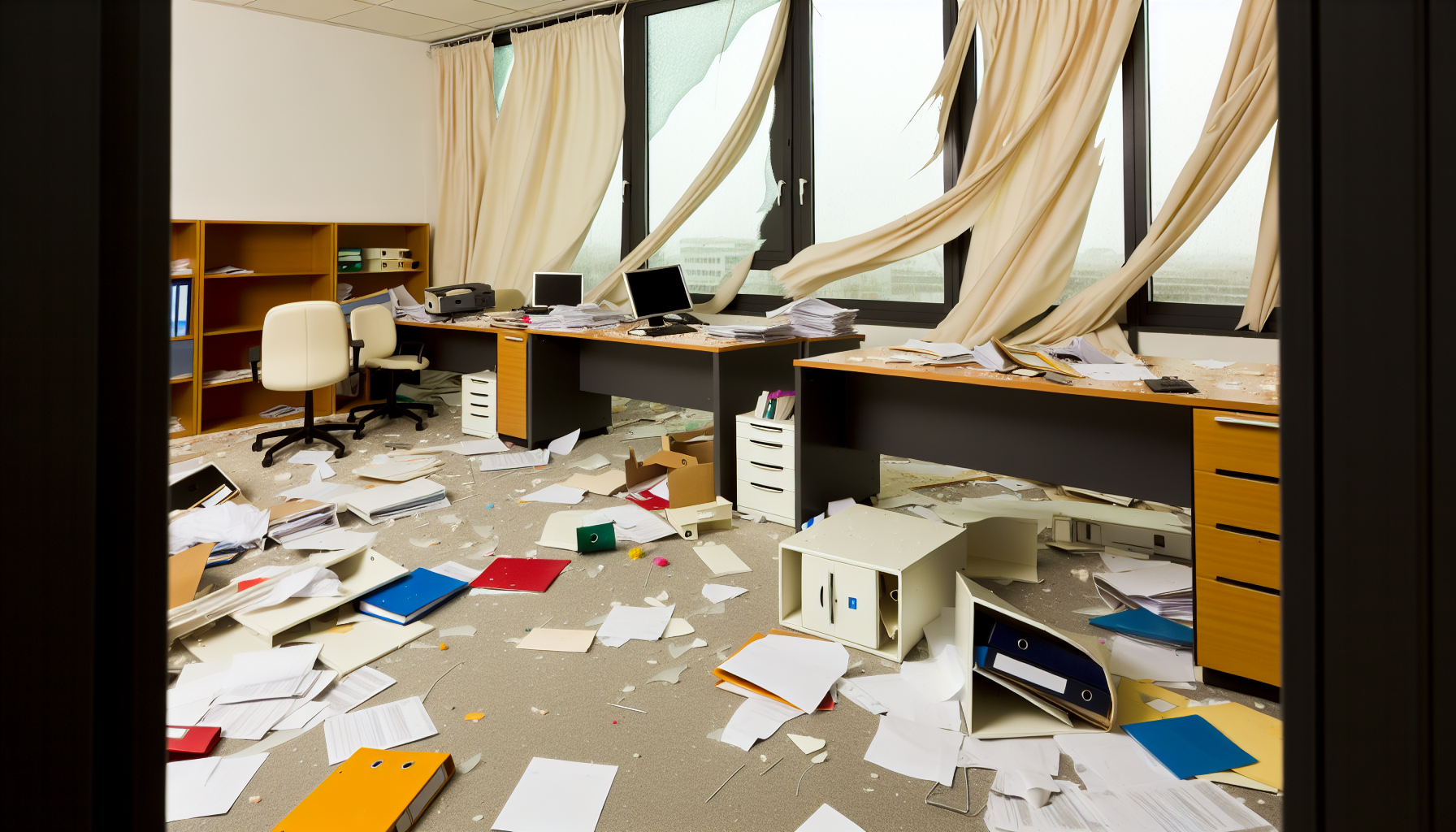 A devastated office space after a natural disaster, with folders and documents scattered around.