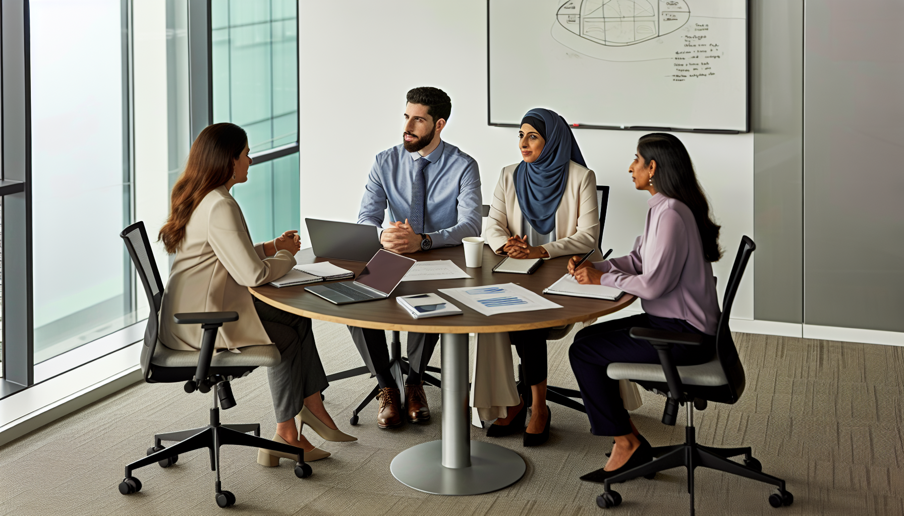 An office environment with diverse professionals engaged in a meeting
