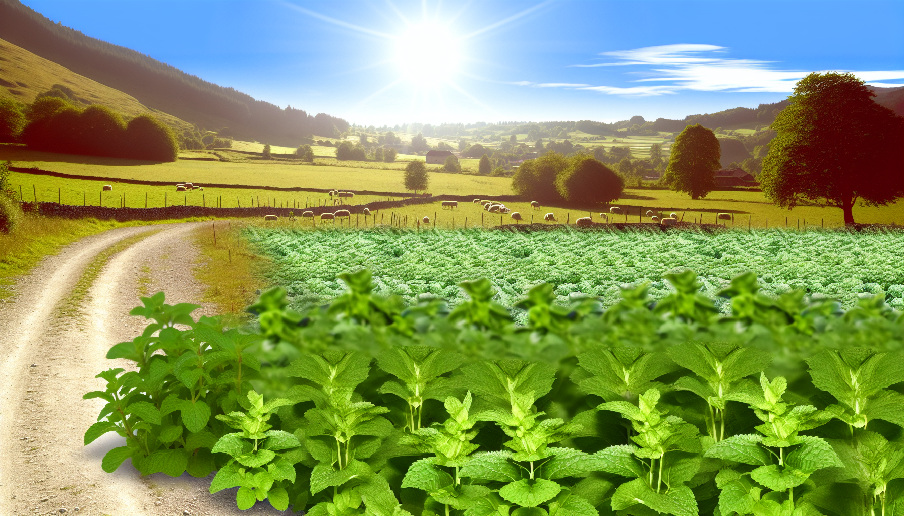 A vibrant field of peppermint plants, showcasing both watermint and spearmint, in a scenic landscape resembling the European countryside.