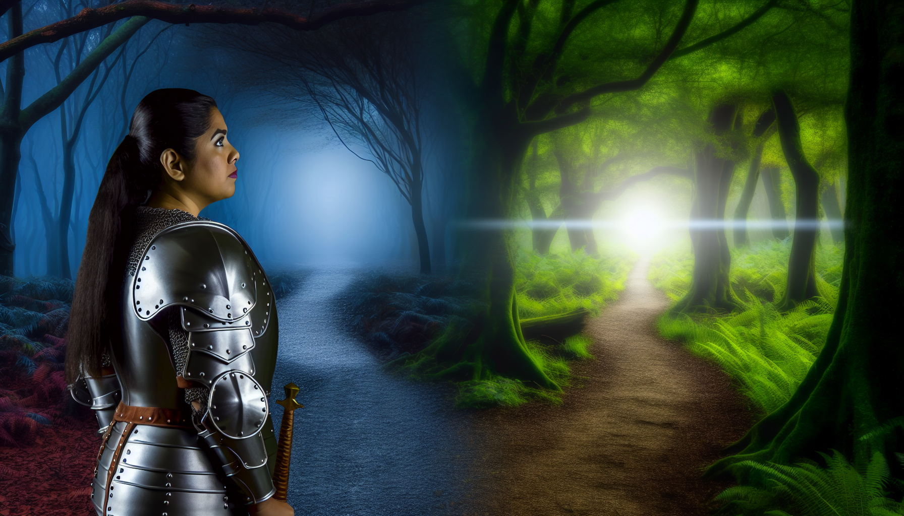 A warrior standing at a fork in a forest path, with one path leading into shadows and the other bathed in sunlight, representing choices and the search for meaning.