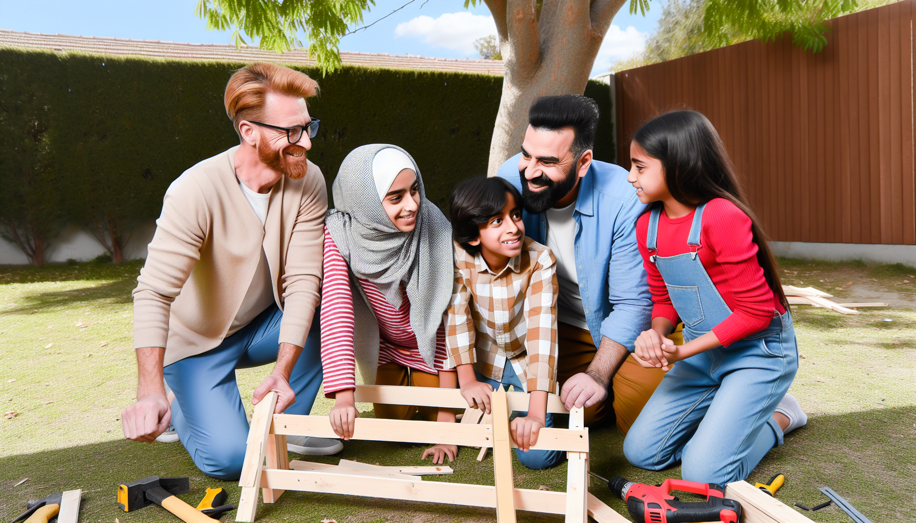 A realistic image of a family overcoming a challenge together, such as working on a DIY project, symbolizing adaptation and overcoming obstacles.
