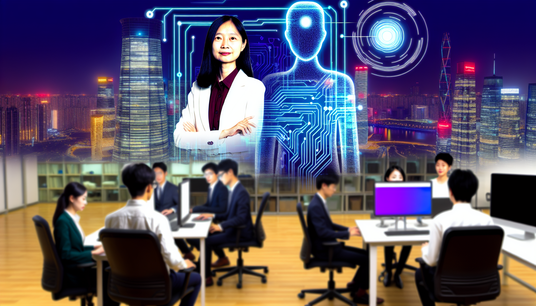 «&nbsp;Une illustration numérique de léquipe dIA DeepSeek travaillant dans un bureau futuriste à Hangzhou, en Chine, avec des représentations abstraites dalgorithmes dIA en arrière-plan.&nbsp;»