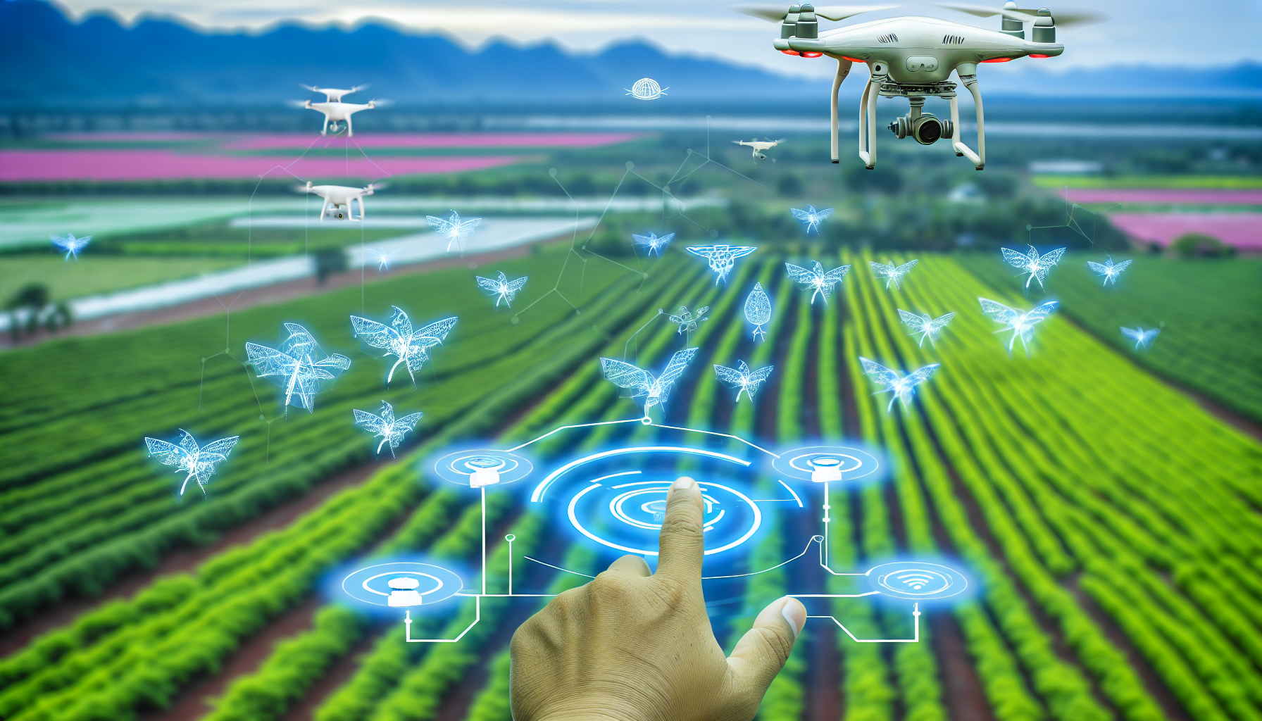 Conceito futurista de drones integrados com tecnologias de IA e IoT em um ambiente agrícola em larga escala