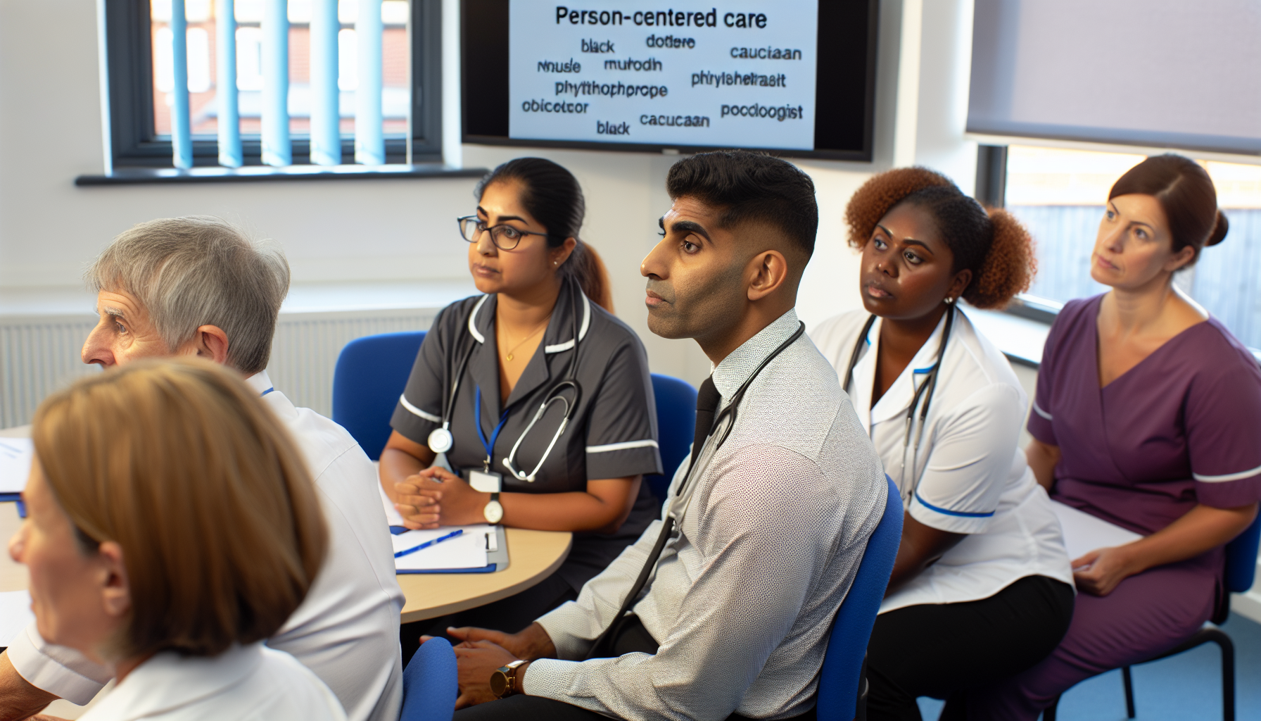 A professional setting with diverse healthcare professionals engaging in a training workshop focused on person-centered care practices, with a presentation screen displaying related keywords and diagrams.
