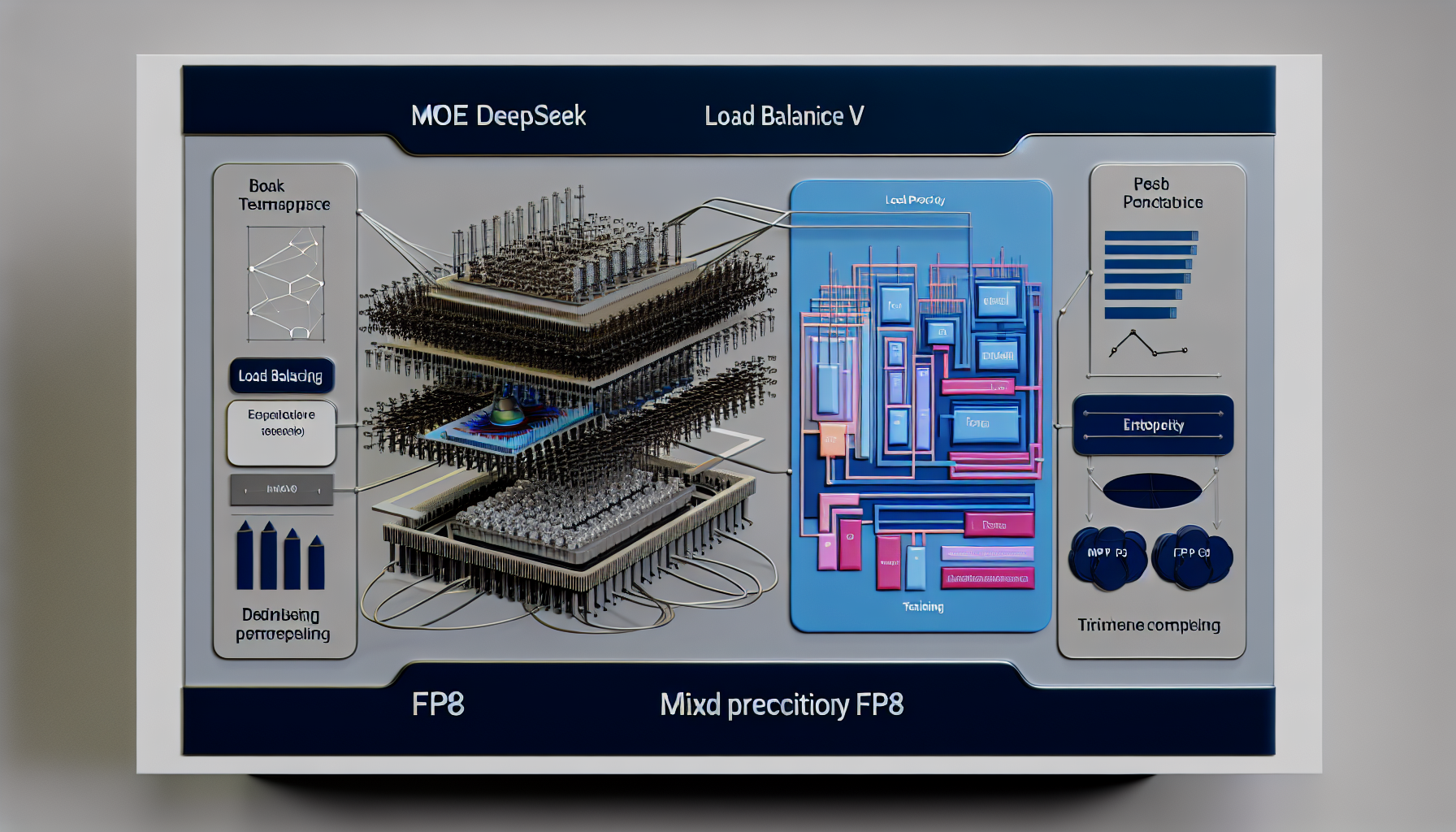 «&nbsp;Une infographie détaillée montrant larchitecture du modèle MoE DeepSeek V3 en mettant laccent sur léquilibrage de charge et les composants dentraînement à précision mixte FP8.&nbsp;»