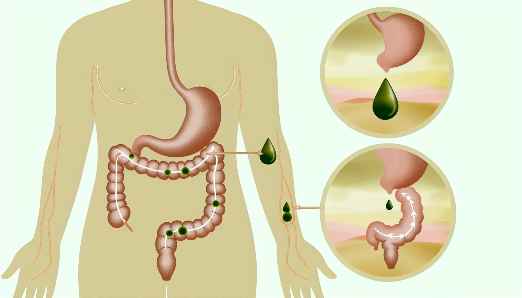 Schematic diagram showing peppermint oil making its way through the digestive system.