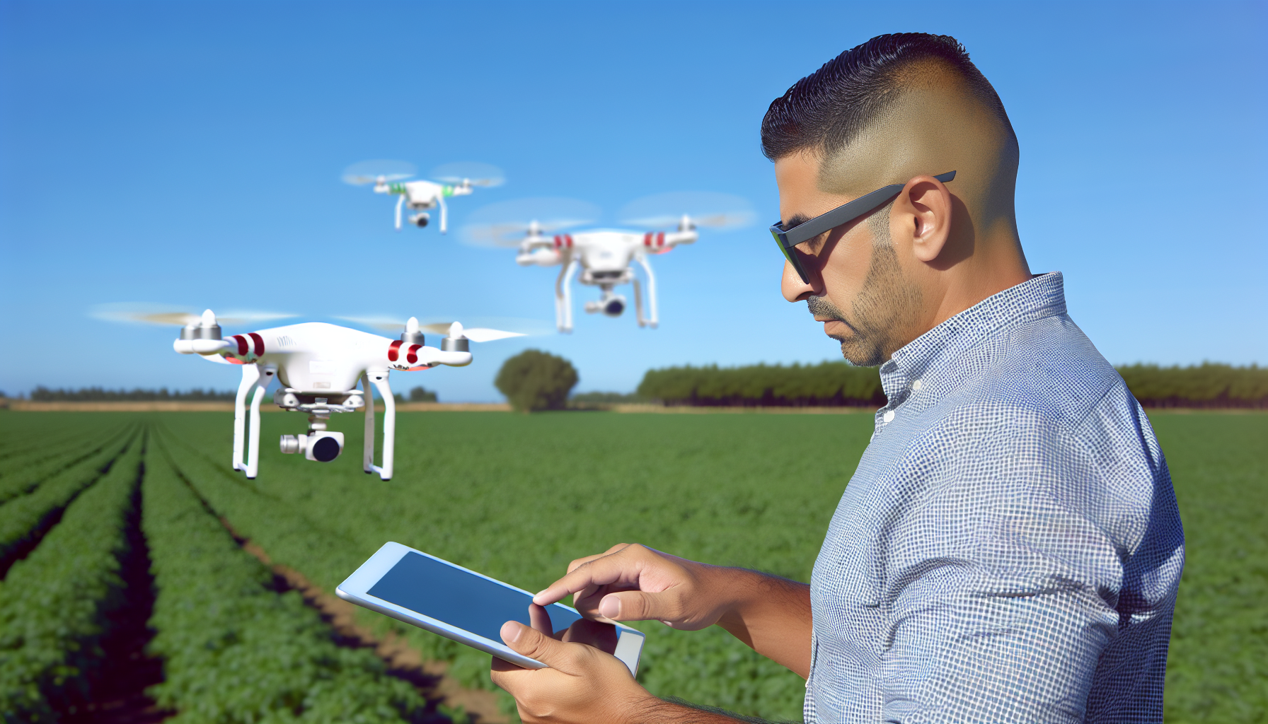 Um operador de drone controlando vários drones em um campo usando um tablet, enfatizando custos de mão de obra reduzidos