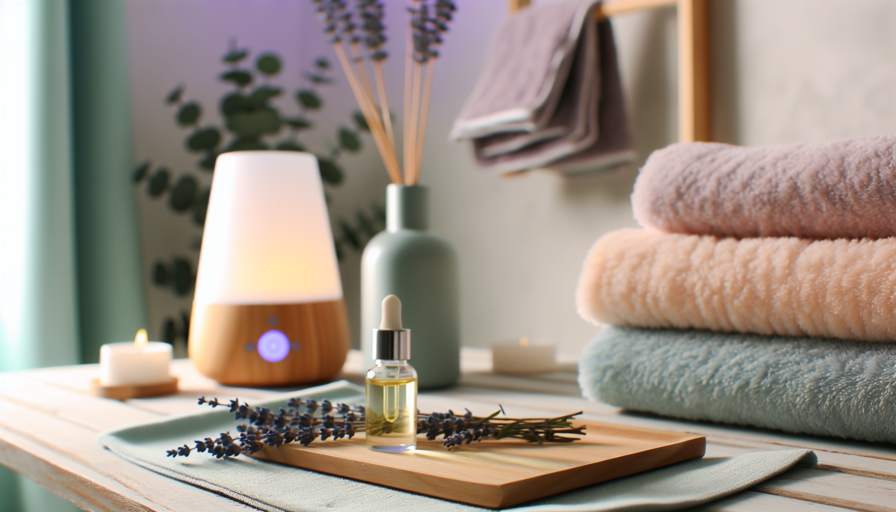 A serene home spa setup with lavender oil, promoting relaxation and mindfulness in personal care routines