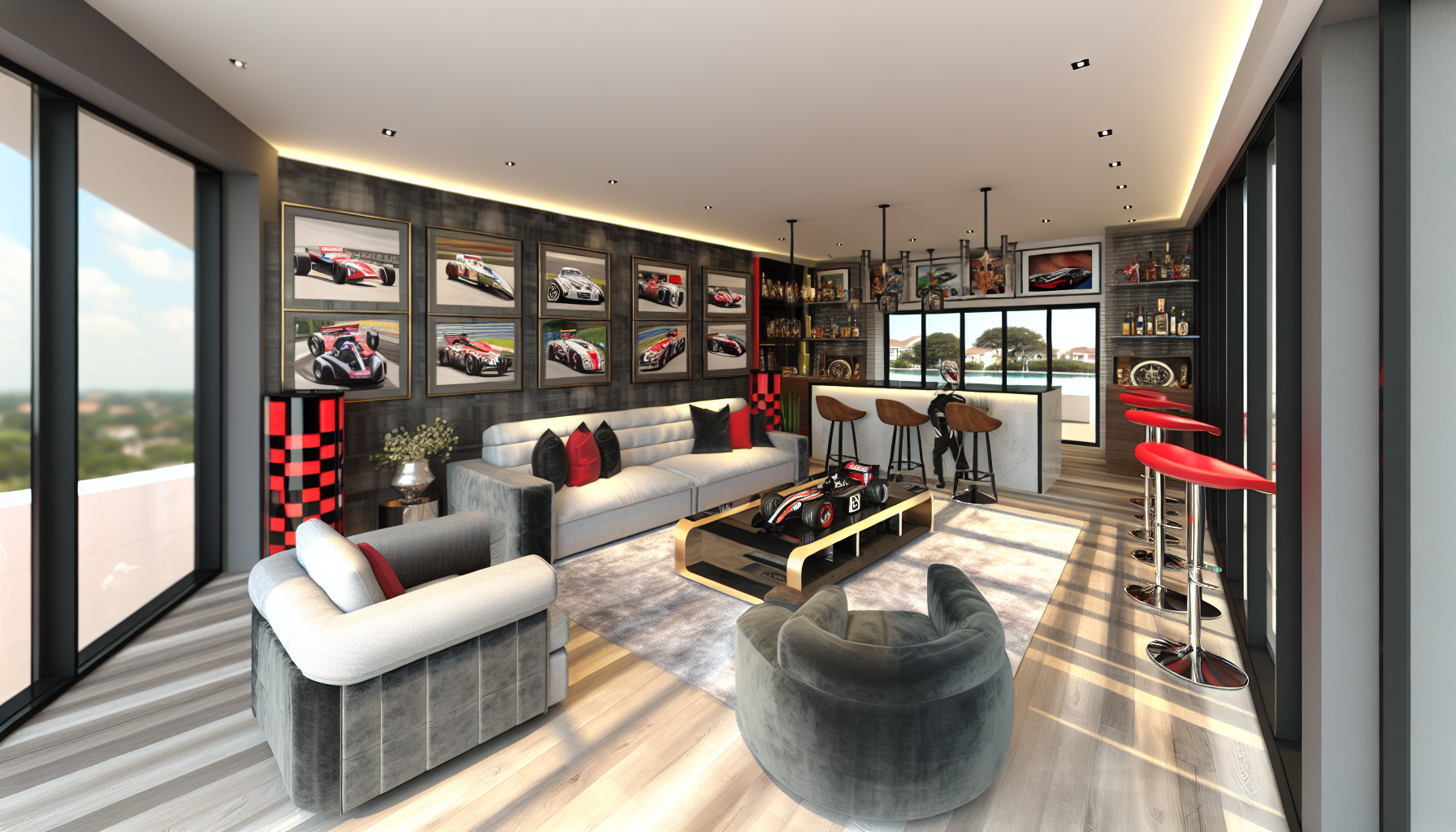 Modern luxury townhome interior with racing decor