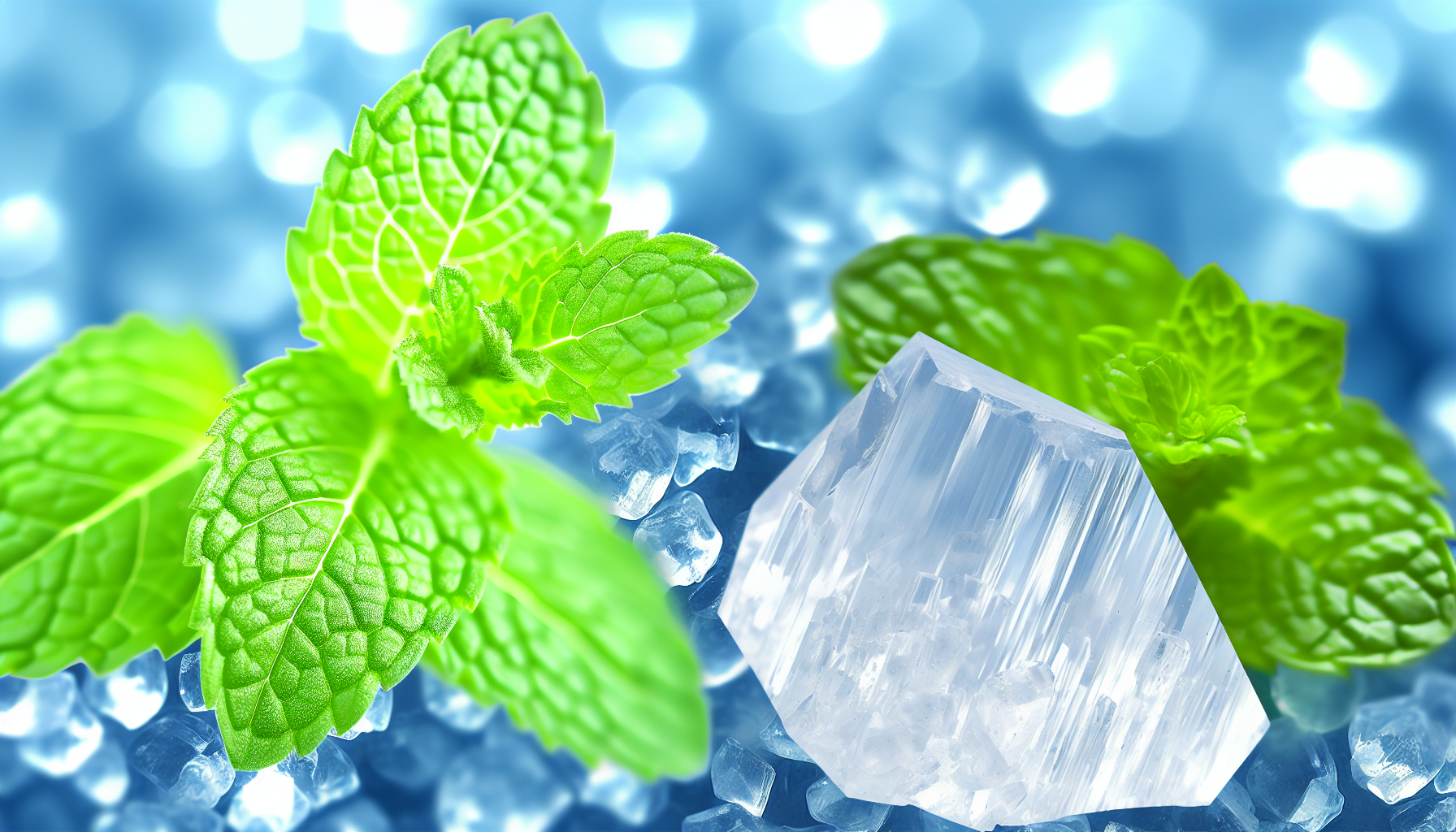 A close-up image of a menthol crystal and a peppermint leaf, illustrating the connection between mint plant components and menthol properties.