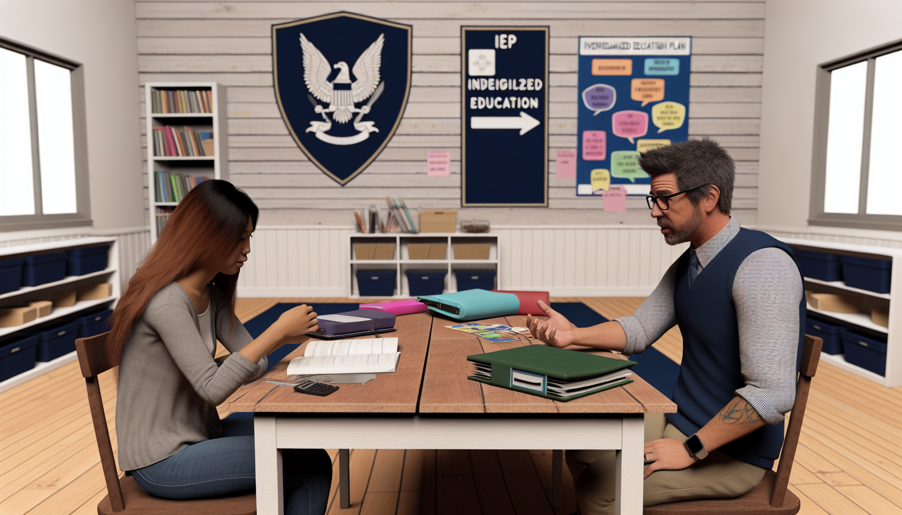 Realistic depiction of a parent and a teacher discussing an Individualized Education Plan (IEP) at a school meeting, with visual elements like a school emblem and educational posters in the background.