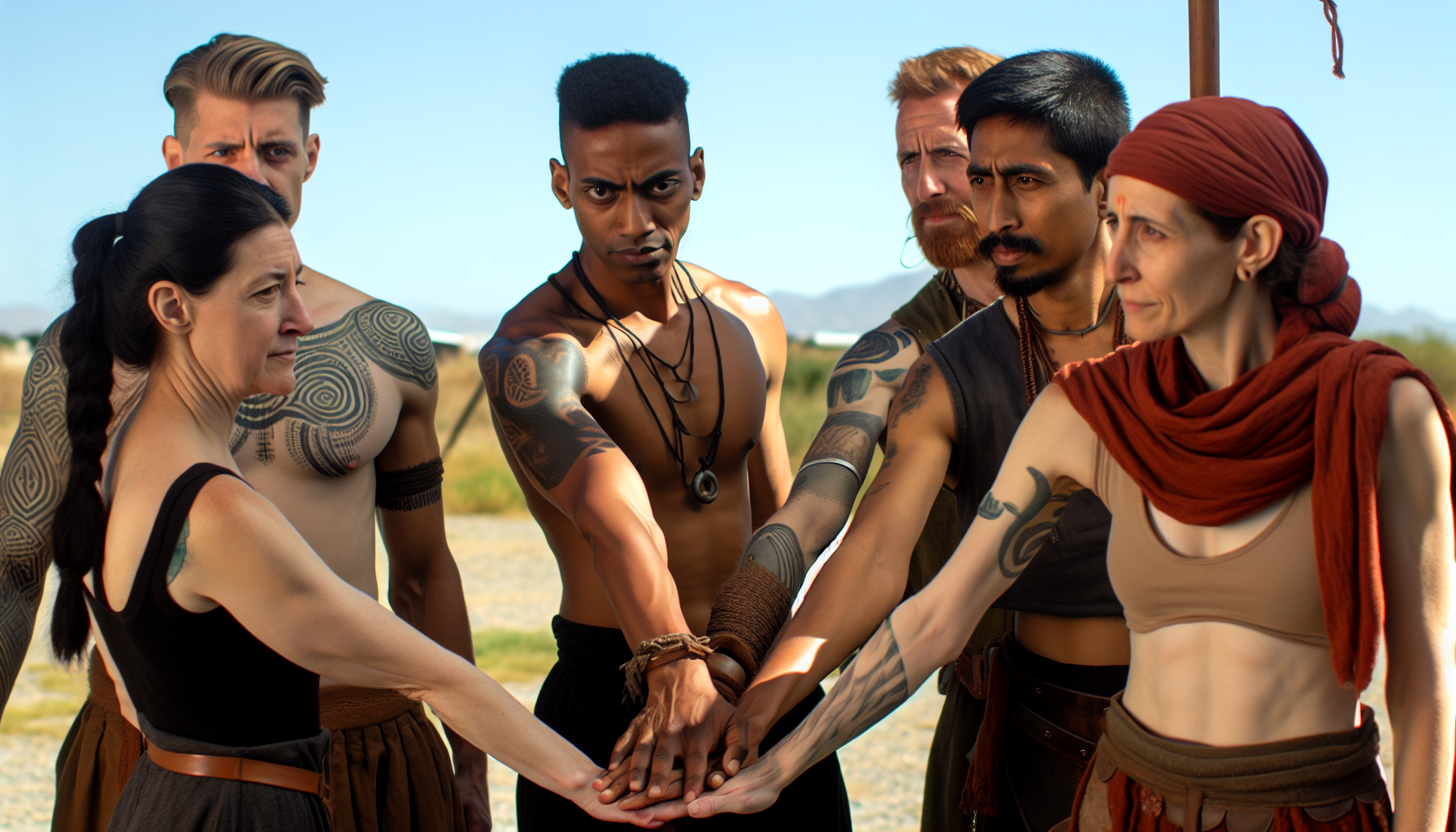 A diverse group of warriors in a circle, each with a hand outstretched to the center, symbolizing community and mutual support.