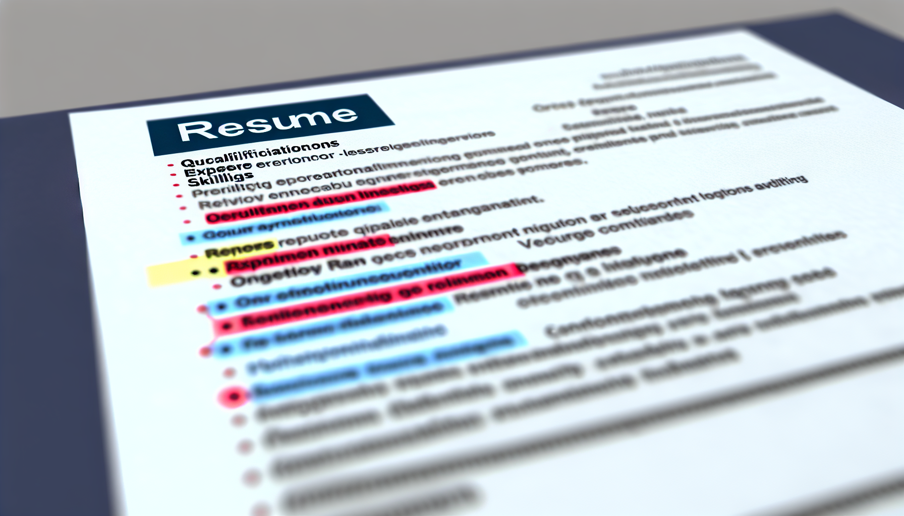 realistic close-up of a well-organized resume with aviation industry keywords highlighted.