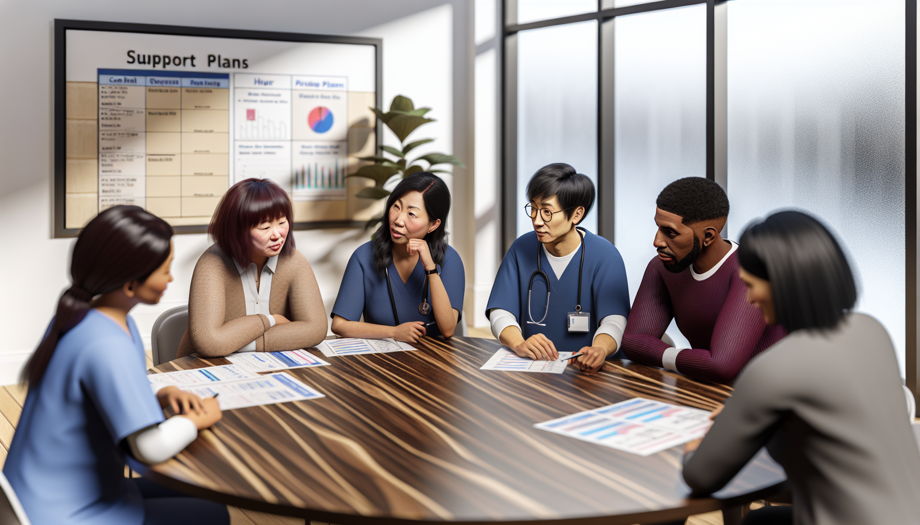 A group of support workers engaged in a collaborative meeting, discussing care plans with charts and notes visible, in a professional and realistic style.