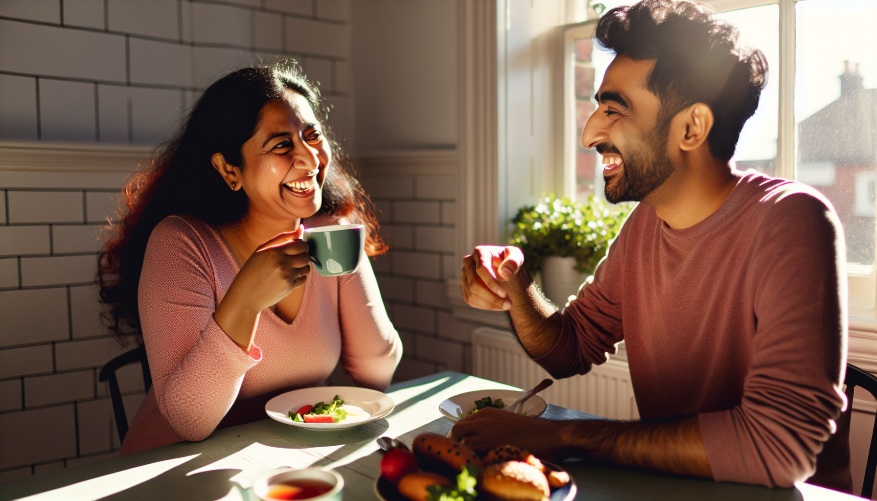 A couple sharing a warm breakfast by a sunny window, smiling and chatting.