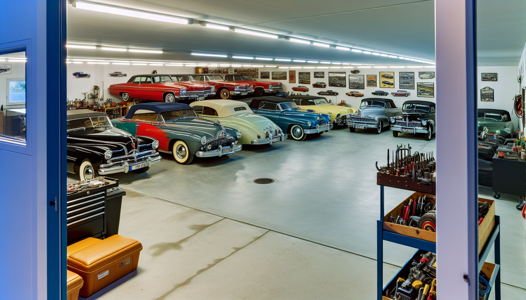 Spacious vehicle storage garage with classic cars