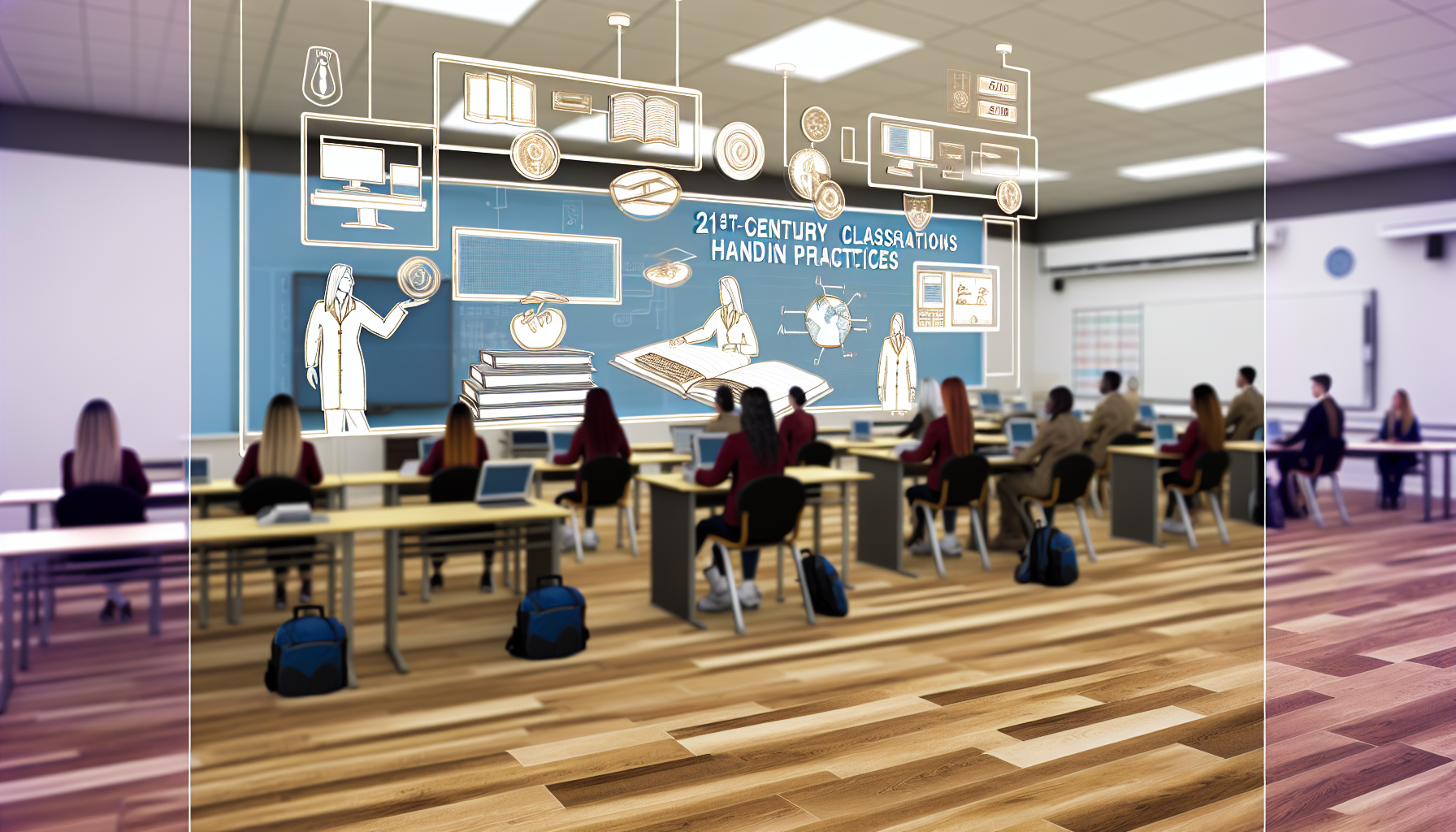 A modern classroom with support workers participating in a training session, with digital screens and interactive tools visible, highlighting hands-on practice in a professional and realistic style.