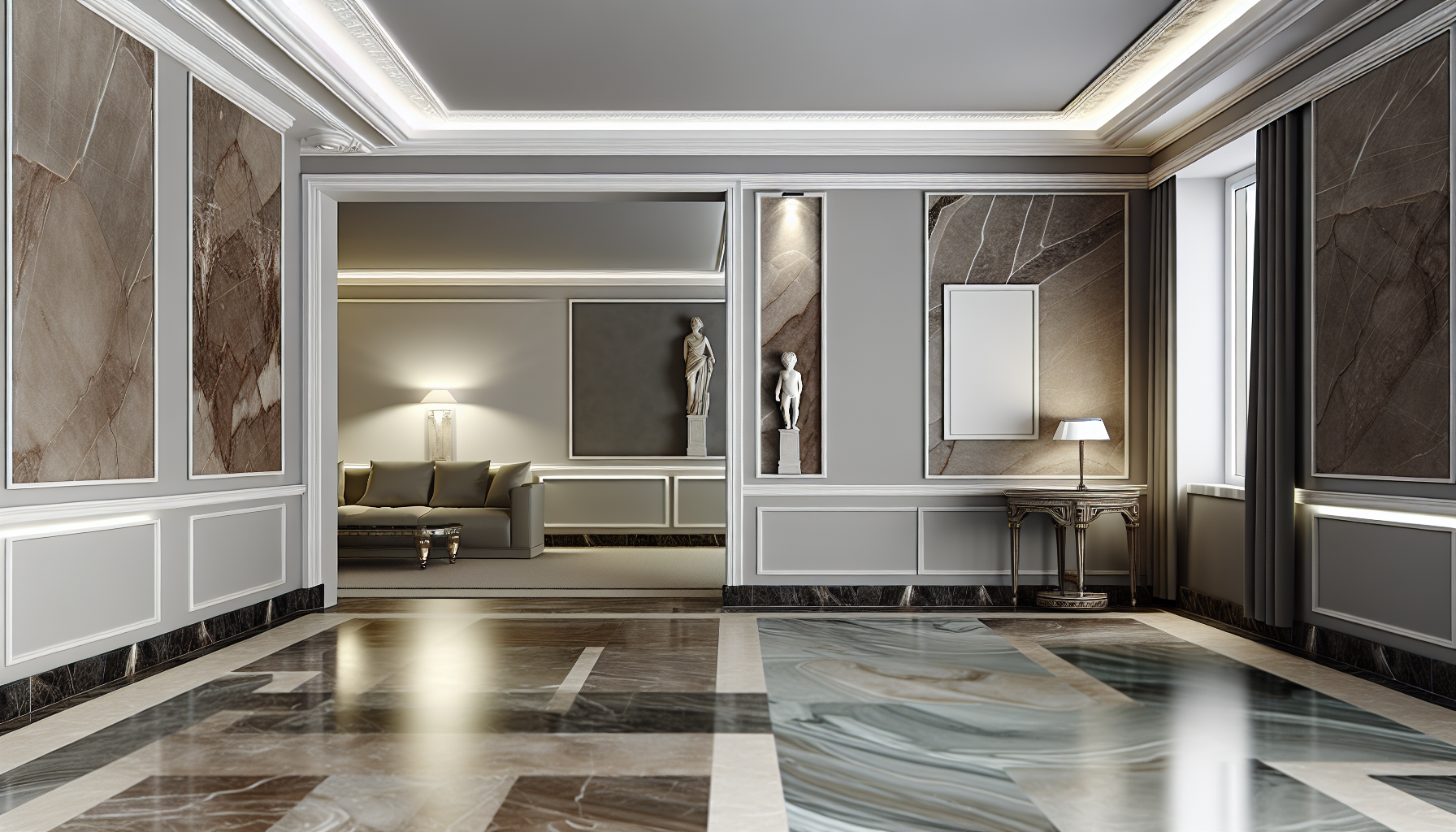 A modern interior by Barbara Barry, merging traditional elements with contemporary designs, featuring marble tile work.