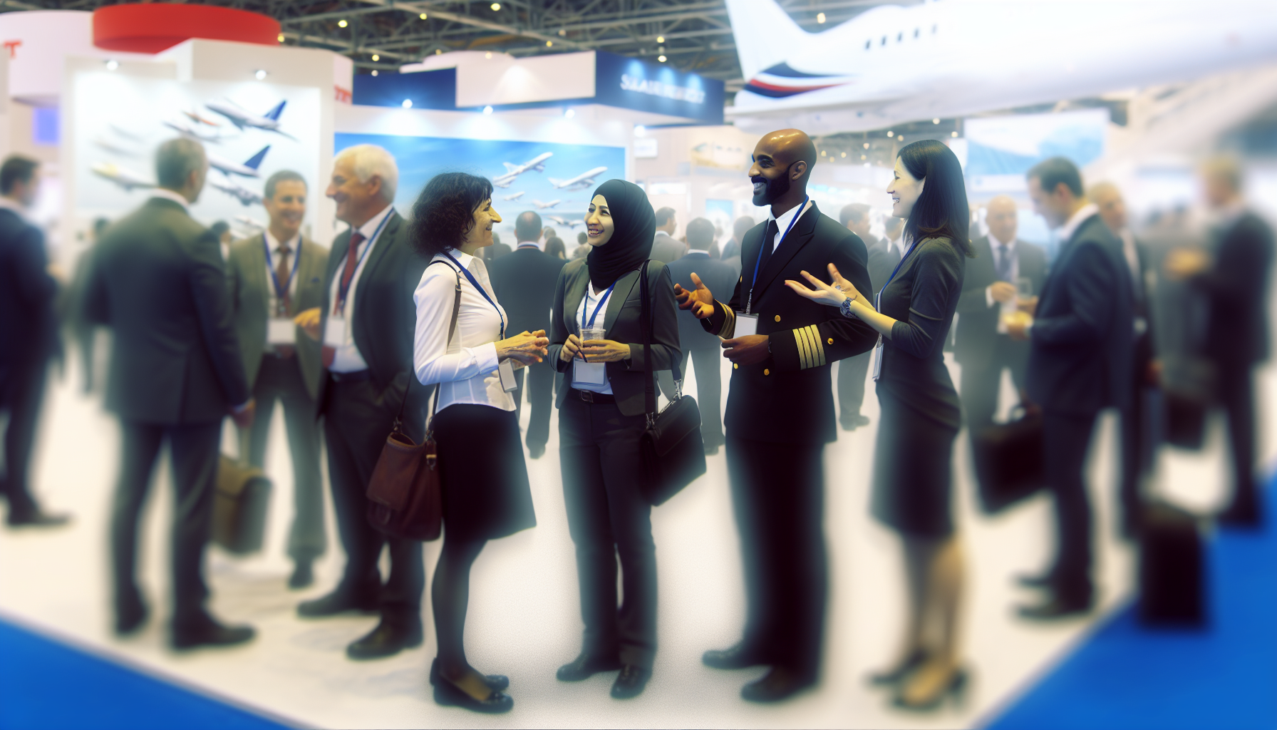 realistic scene of aviation professionals networking at a conference, with presentation stands and people talking.