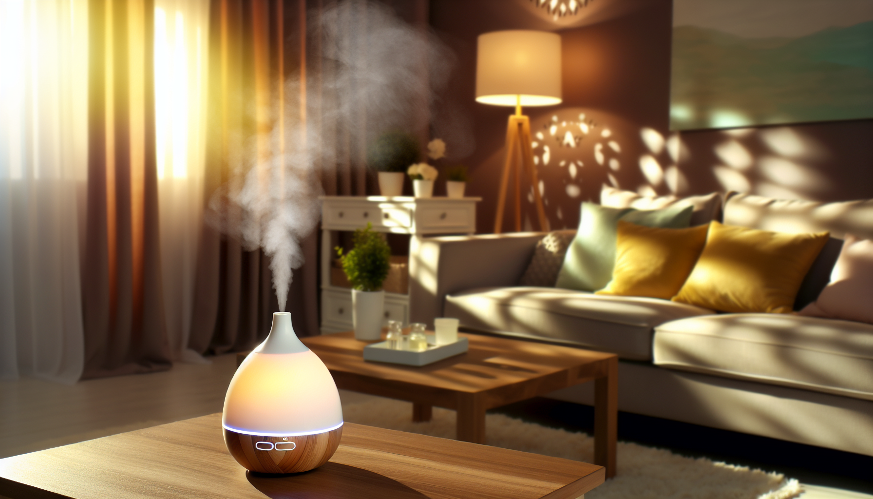 A cozy home interior with a diffuser, releasing aromatic plumes of peppermint into the air.
