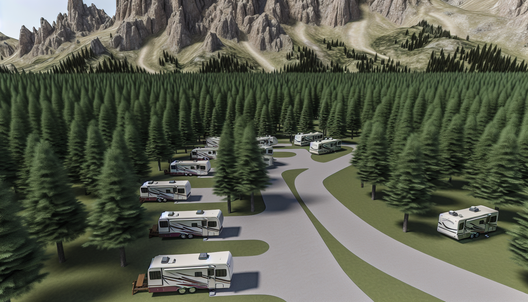 photo realistic view of RVs parked among dense pine trees at Winding River Resort with Rocky Mountains in the background