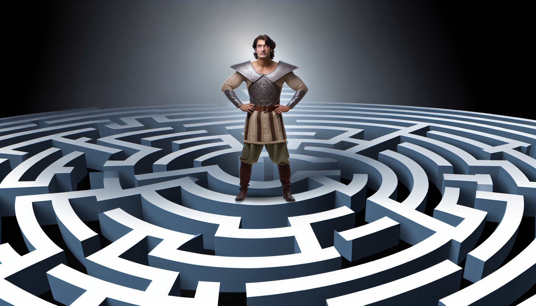 A warrior standing in the center of a symbolic labyrinth, poised with a determined look, signifying overcoming the maze of bargaining and depression.