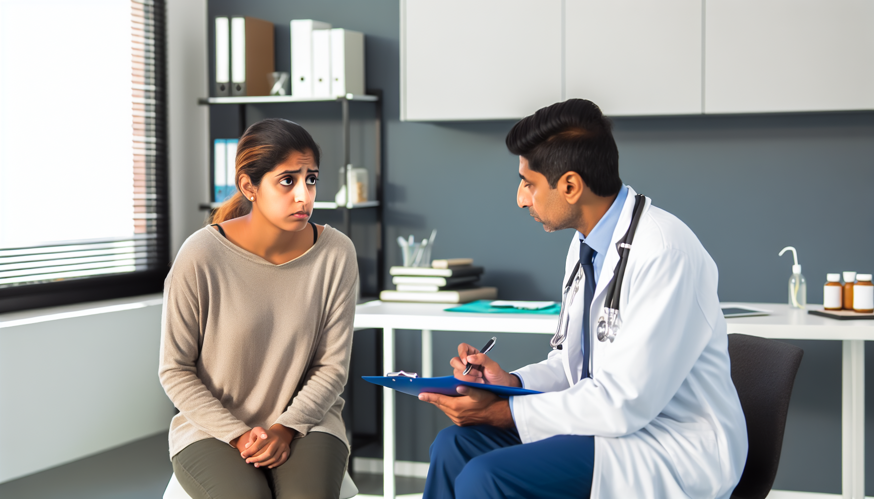 Realistic image of a concerned parent talking to a pediatrician in an office setting, with the pediatrician showing empathy and taking notes on a clipboard during the consultation.