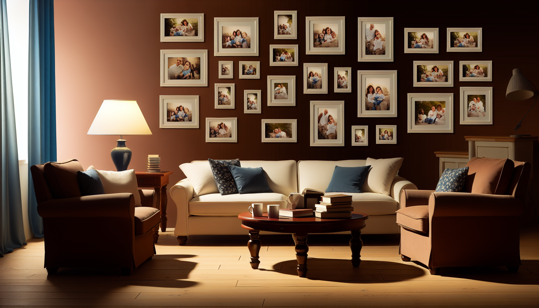 A cozy living room with family photo tiles on the wall.