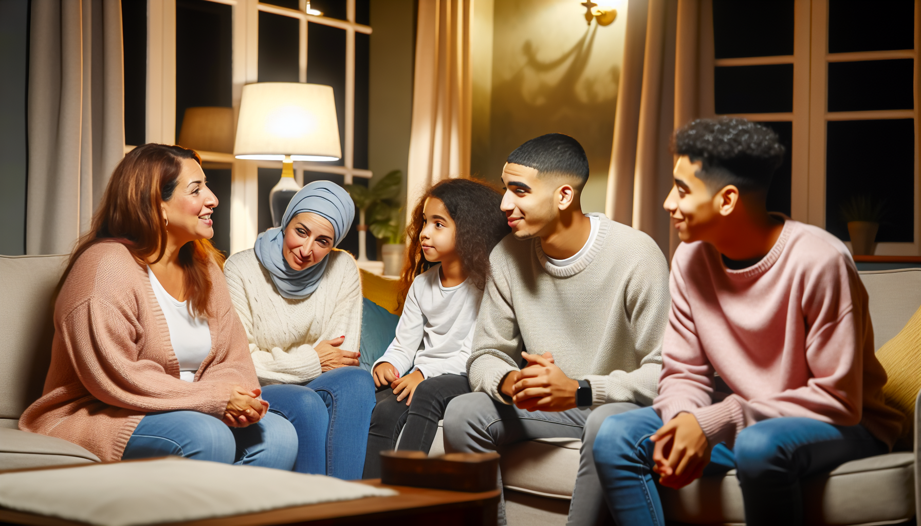 A realistic image of a diverse family sitting together in their living room, engaged in a warm and open conversation, showcasing connection and understanding.