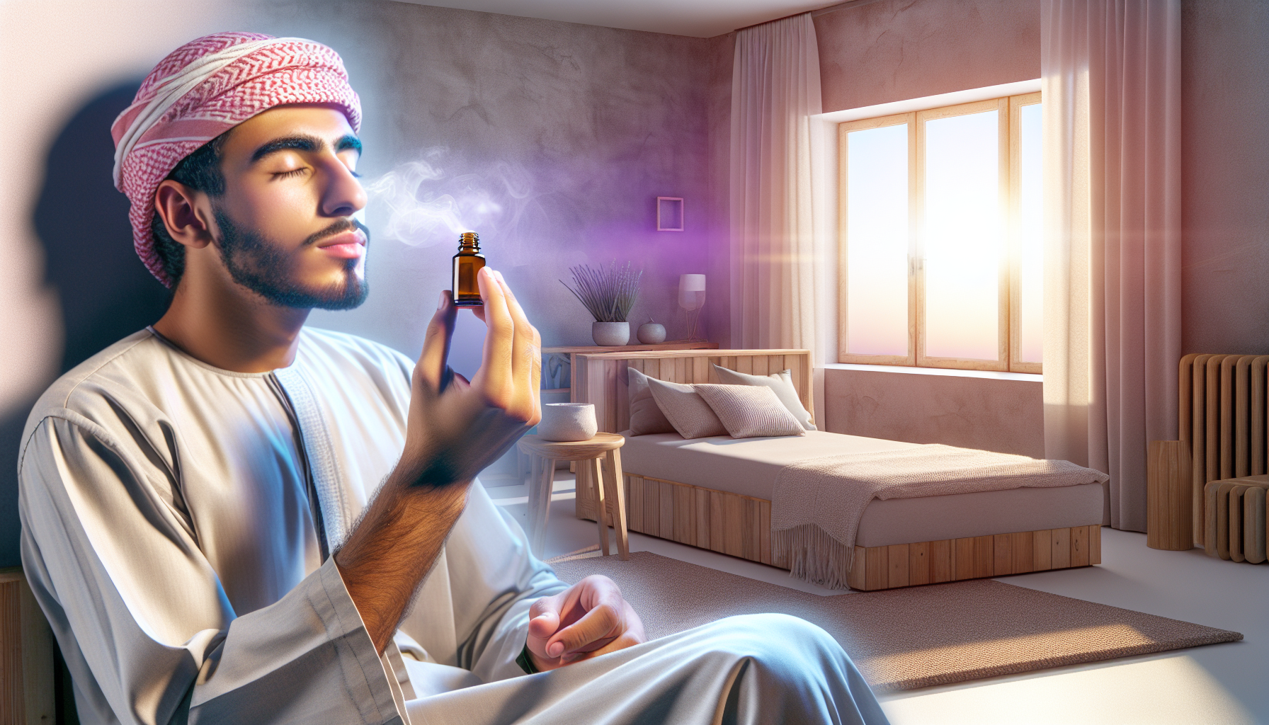 A calming scene with a person relaxing by inhaling lavender oil in a peaceful room, showcasing the soothing effects on stress