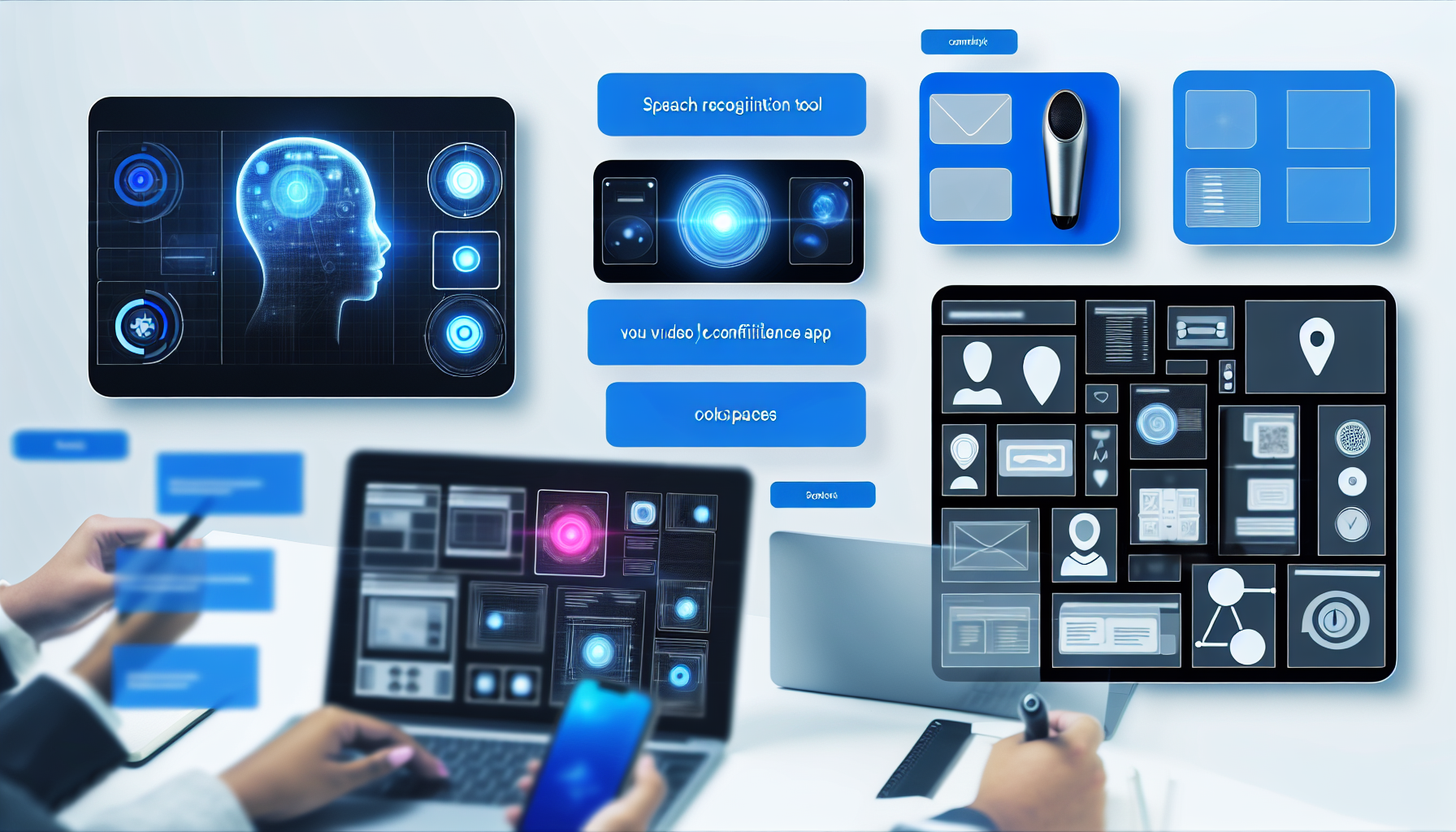 Compilation image of various AI tool interfaces like Jasper, Zoom, Trello with annotations showing features