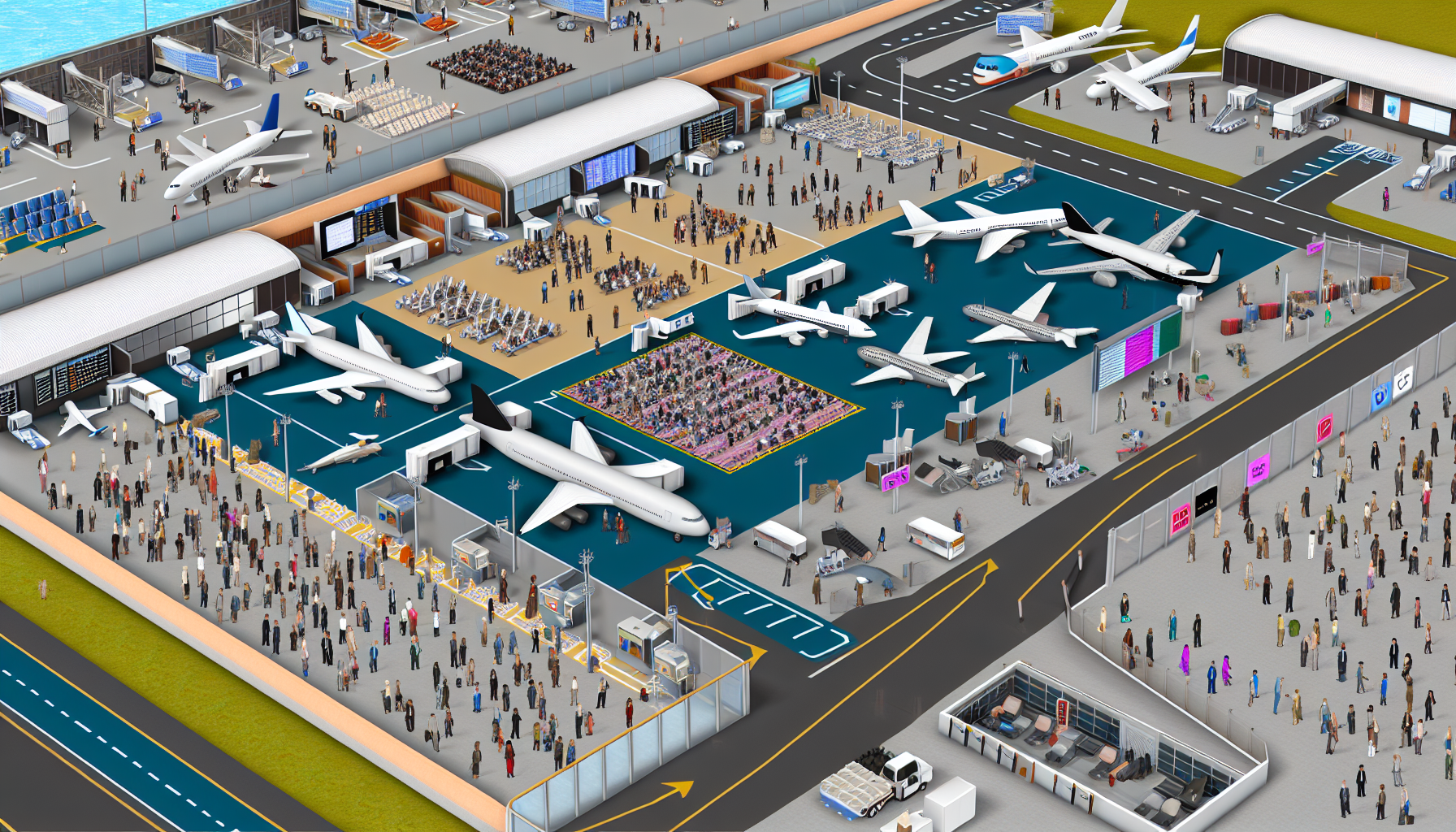 realistic depiction of a busy airport with planes, people, and various aviation job roles being performed.