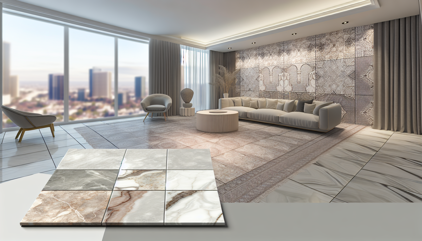 A modern Los Angeles living space featuring a mix of porcelain and ceramic tiles on floors and walls, with a luxurious marble tile accent.
