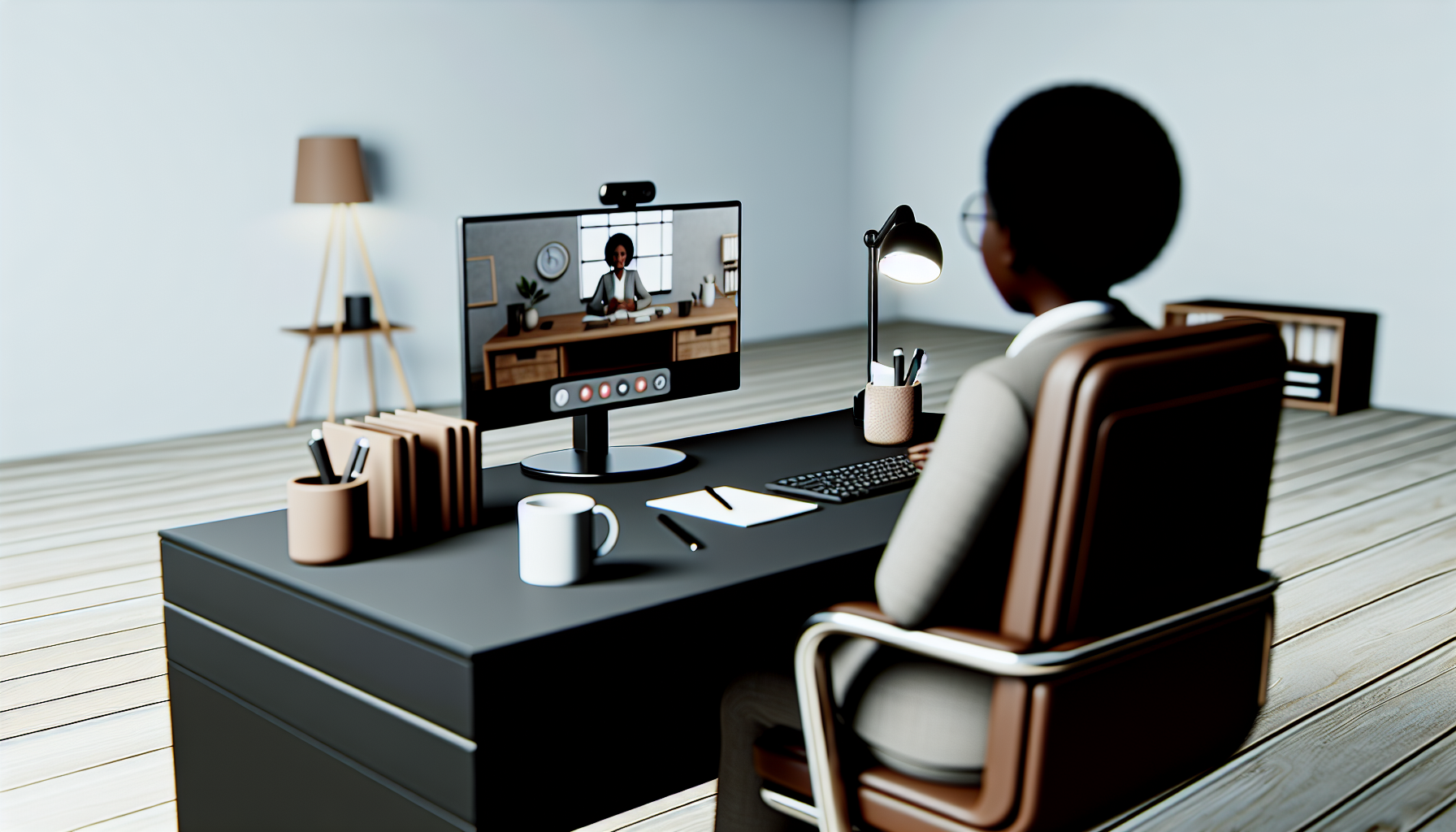 A digital workspace setup for a remote meeting, showing a professional in front of a computer