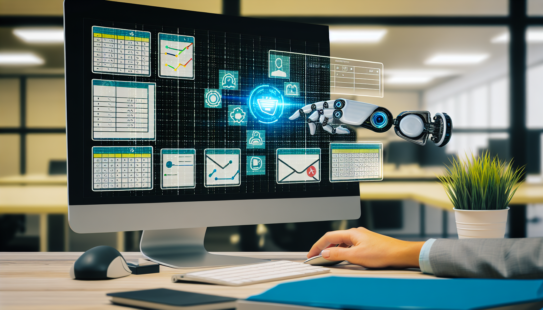 An AI tool automating repetitive office tasks on a computer screen